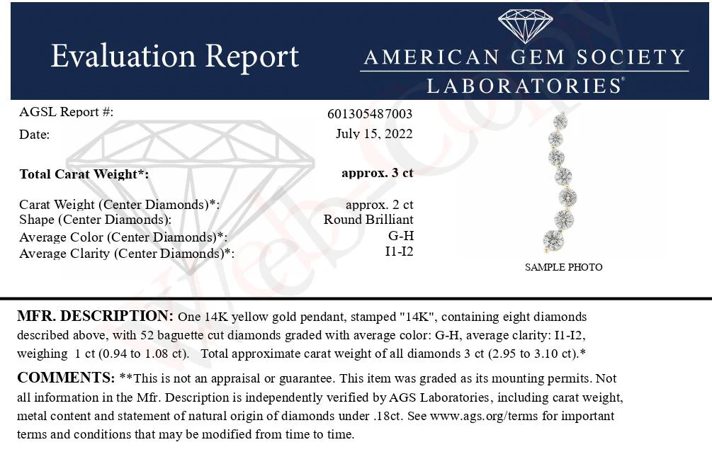 AGS Certified 14k Yellow Gold 3.0 Cttw Baguette and Brilliant Round-Cut Diamond Journey 18" Pendant Necklace (G-H Color, I1-I2 Clarity) - Image 10