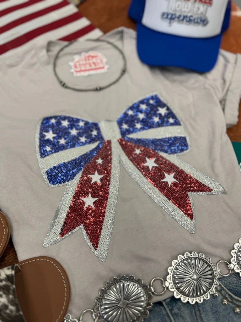 Americana Patriotic Bow Sequin Patch Tee - Image 3