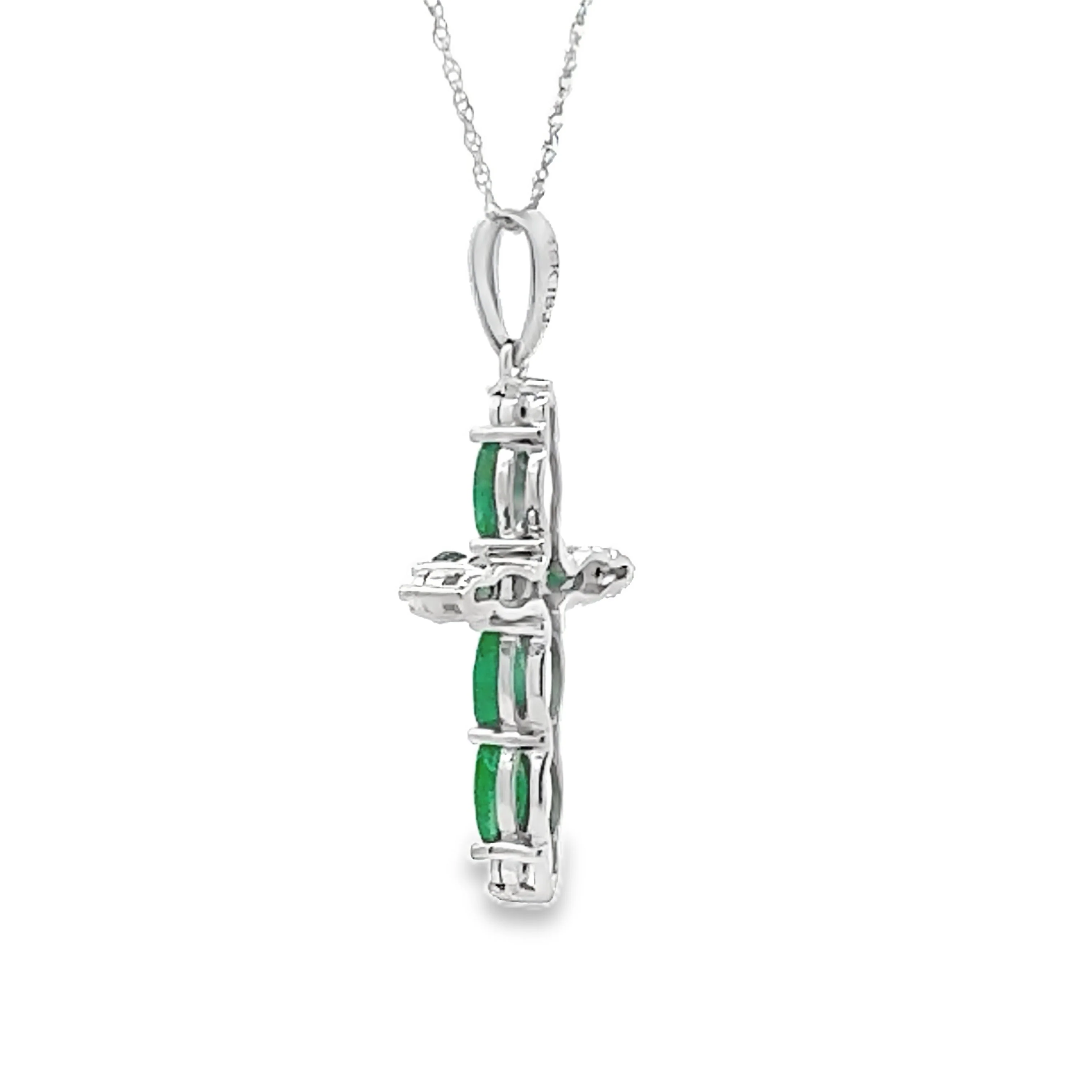 Emerald Diamond Cross Religious Pendant 10KT White Gold - Image 2