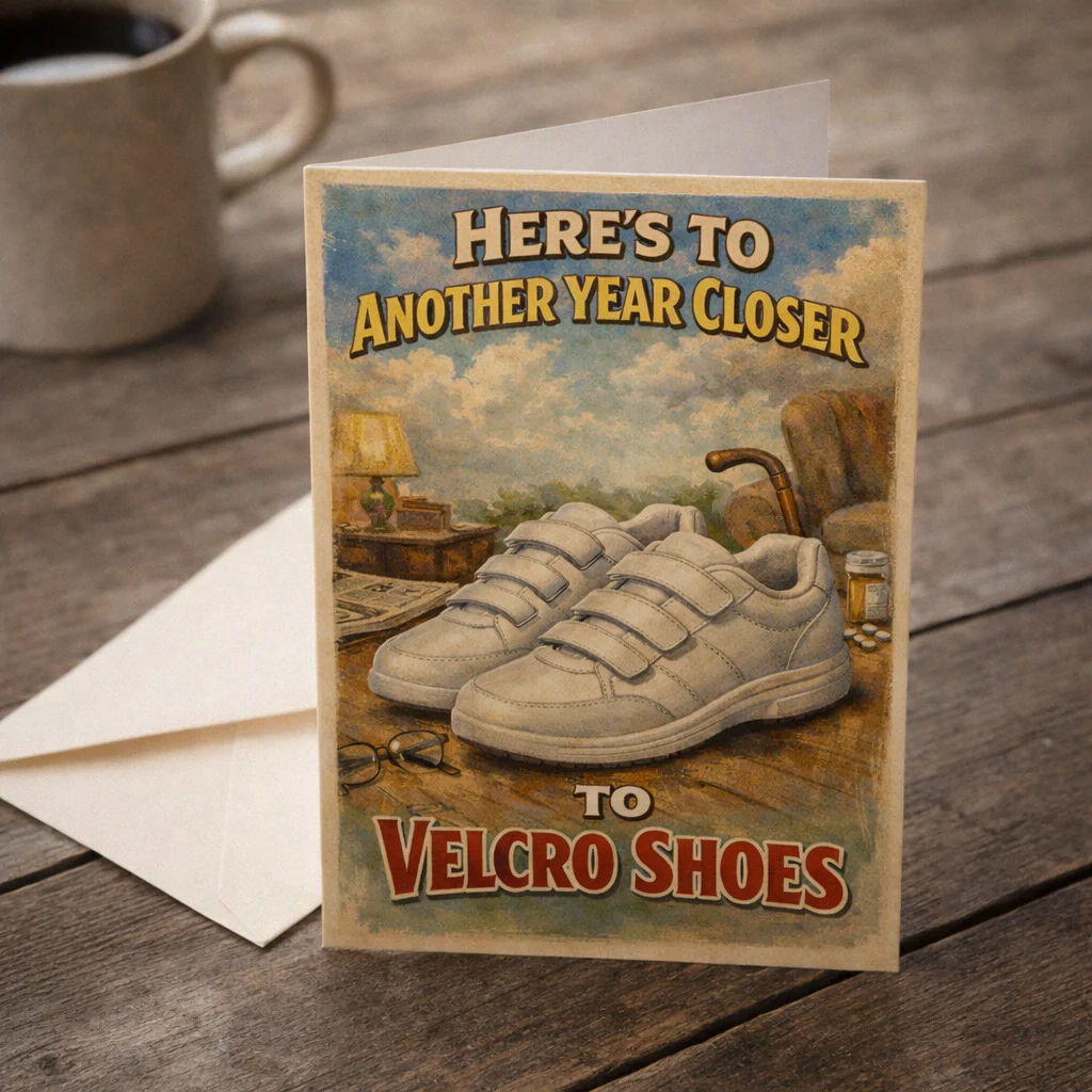 Heres to Another Year Closer to Velcro Shoes Birthday Card - Image 2
