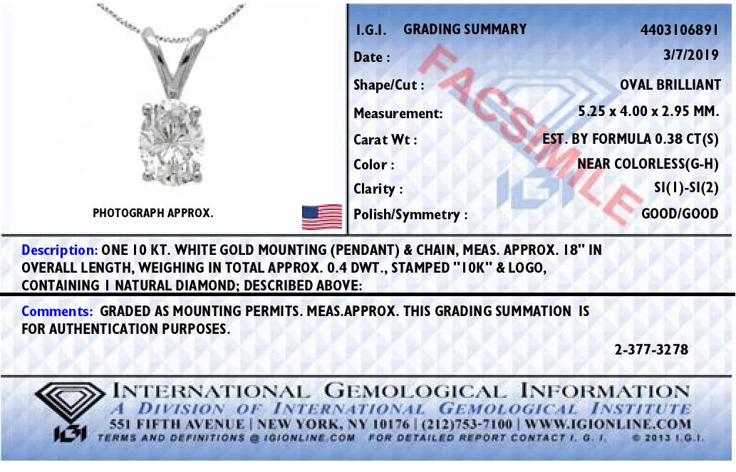 IGI Certified 10K White Gold 3/8 cttw Prong Set Diamond Oval Pendant Necklace (I-J Color, I1 Clarity) - Size 18" - Image 3