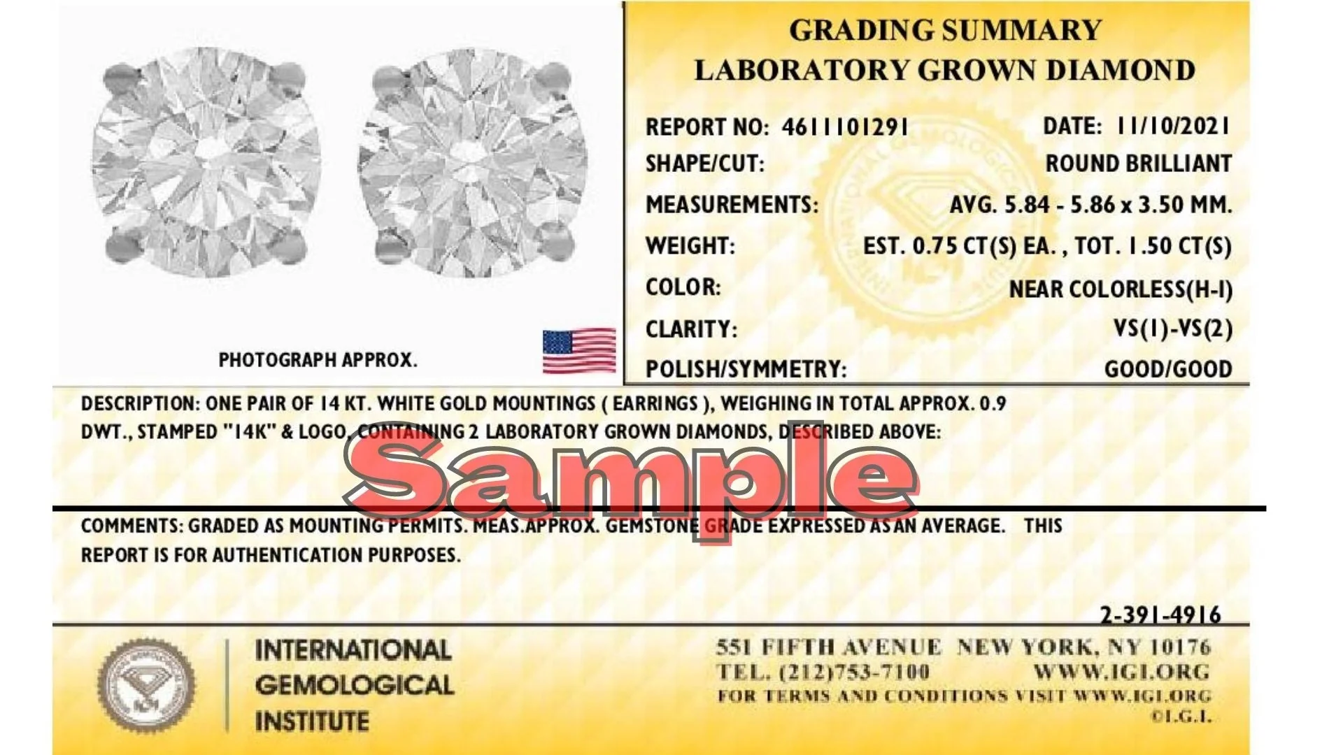 IGI Certified 14K White Gold 1 1/2 Cttw Lab Grown Diamond Solitaire Stud Earrings with Screwbacks (H-I Color, VS1-VS2 Clarity) - Image 5