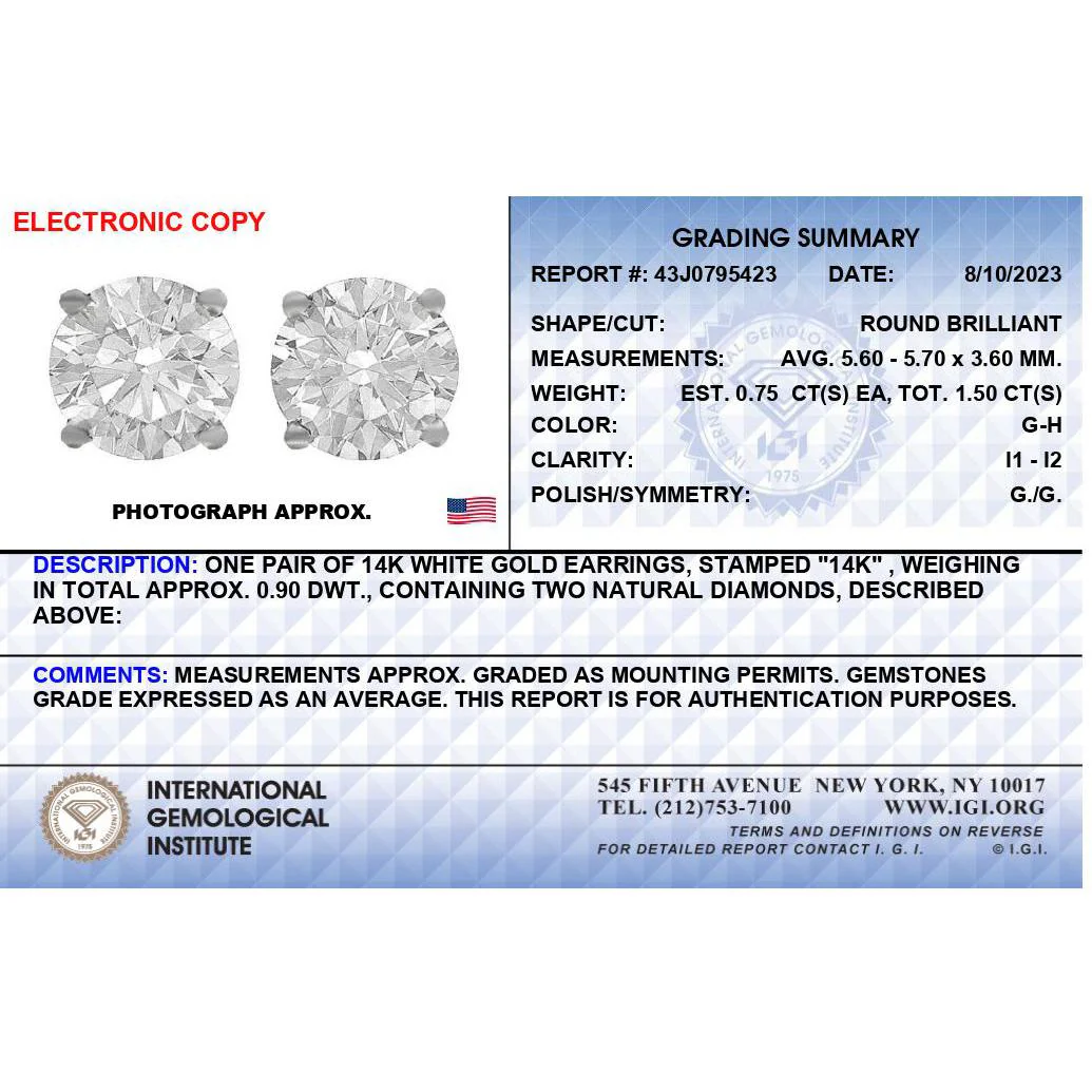 IGI Certified 14K White Gold 1 1/2 Cttw Round Diamond Solitaire Stud Earrings with Screwbacks (G-H Color, I1-I2 Clarity) - Image 4