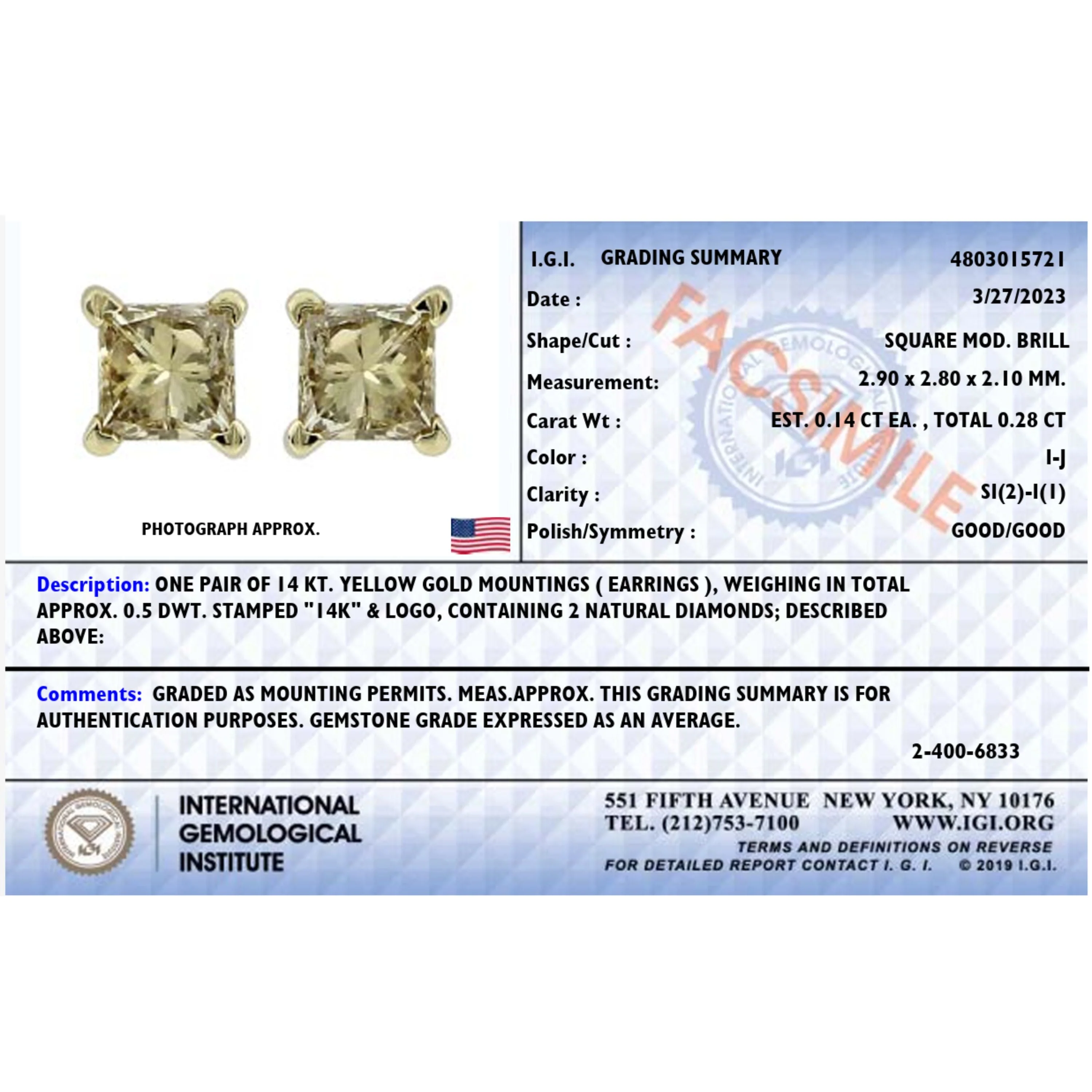 IGI Certified 14K Yellow Gold 1/4 Cttw Princess-Cut Diamond Solitaire Stud Earrings - Image 4