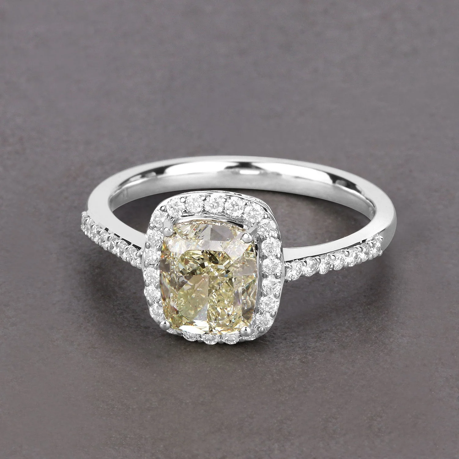 IGI Certified 2.05 Carat Genuine Light Yellow Diamond Center and 0.29cttw White Diamond 18K White Gold Ring (2.34cttw) - Image 2