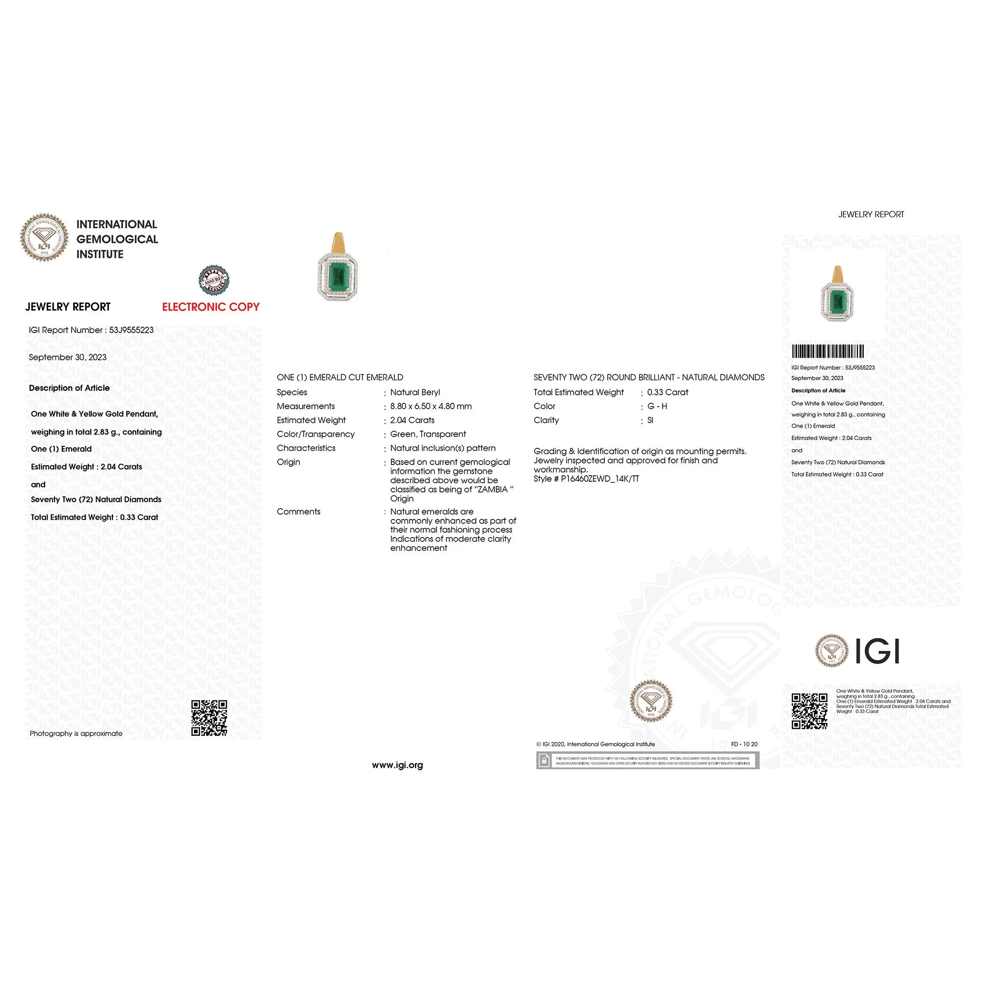 IGI Certified 2.37 Carat Genuine Zambian Emerald and White Diamond 14K Yellow & White Gold Pendant - Image 2