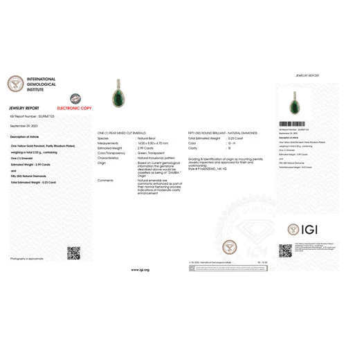 IGI Certified 3.22 Carat Genuine Zambian Emerald and White Diamond 14K Yellow Gold Pendant - Image 6