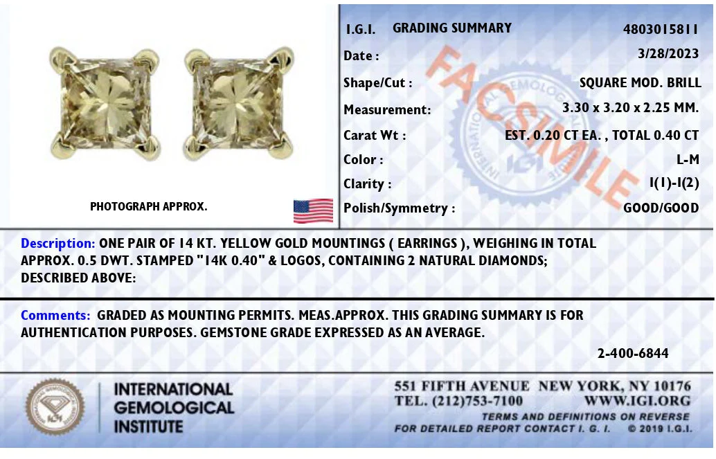 IGI Certified 3/8 Cttw Princess-Cut Square Diamond 4-Prong Solitaire Stud Earrings in 14K Yellow Gold (L-M Color, I1-I2 Clarity) - Image 5