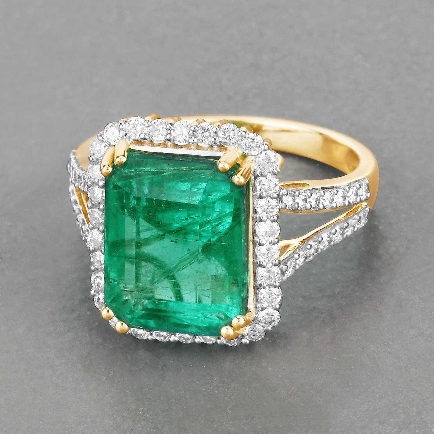 IGI Certified 6.96 Carat Genuine Zambian Emerald and White Diamond 14K Yellow Gold Ring - Image 3