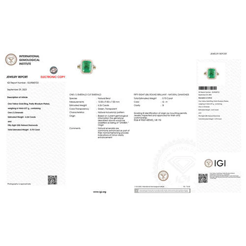 IGI Certified 6.96 Carat Genuine Zambian Emerald and White Diamond 14K Yellow Gold Ring - Image 6