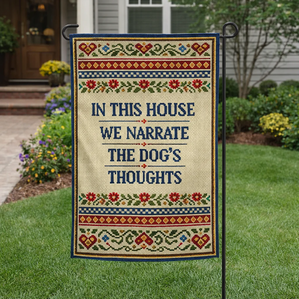 In This House We Narrate the Dog's Thoughts Garden Flag - Image 2
