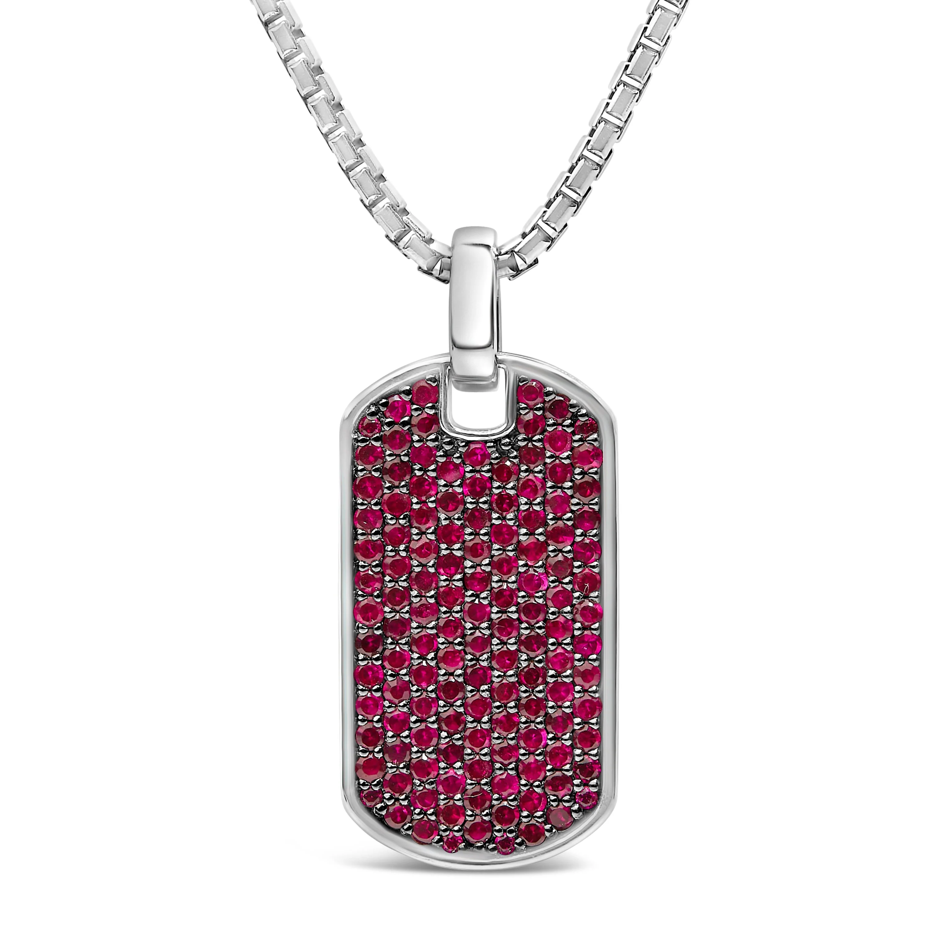 Men's .925 Sterling Silver Created Red Ruby Dog Tag Pendant Necklace - 22" Inches - Image 2