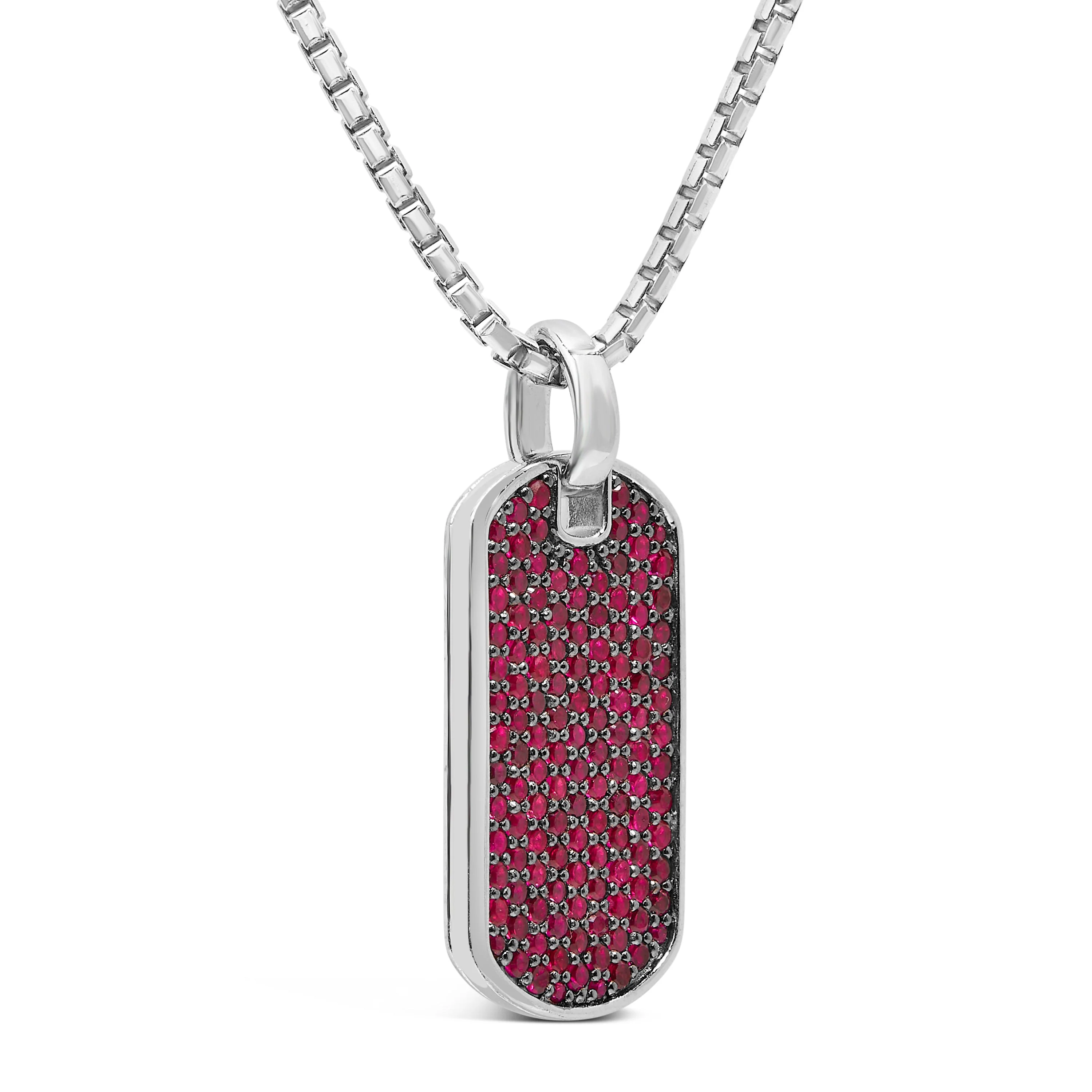 Men's .925 Sterling Silver Created Red Ruby Dog Tag Pendant Necklace - 22" Inches - Image 3