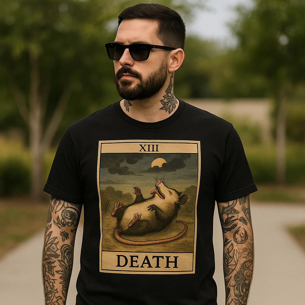 Possum Playing Death Tarot T-Shirt - Image 3