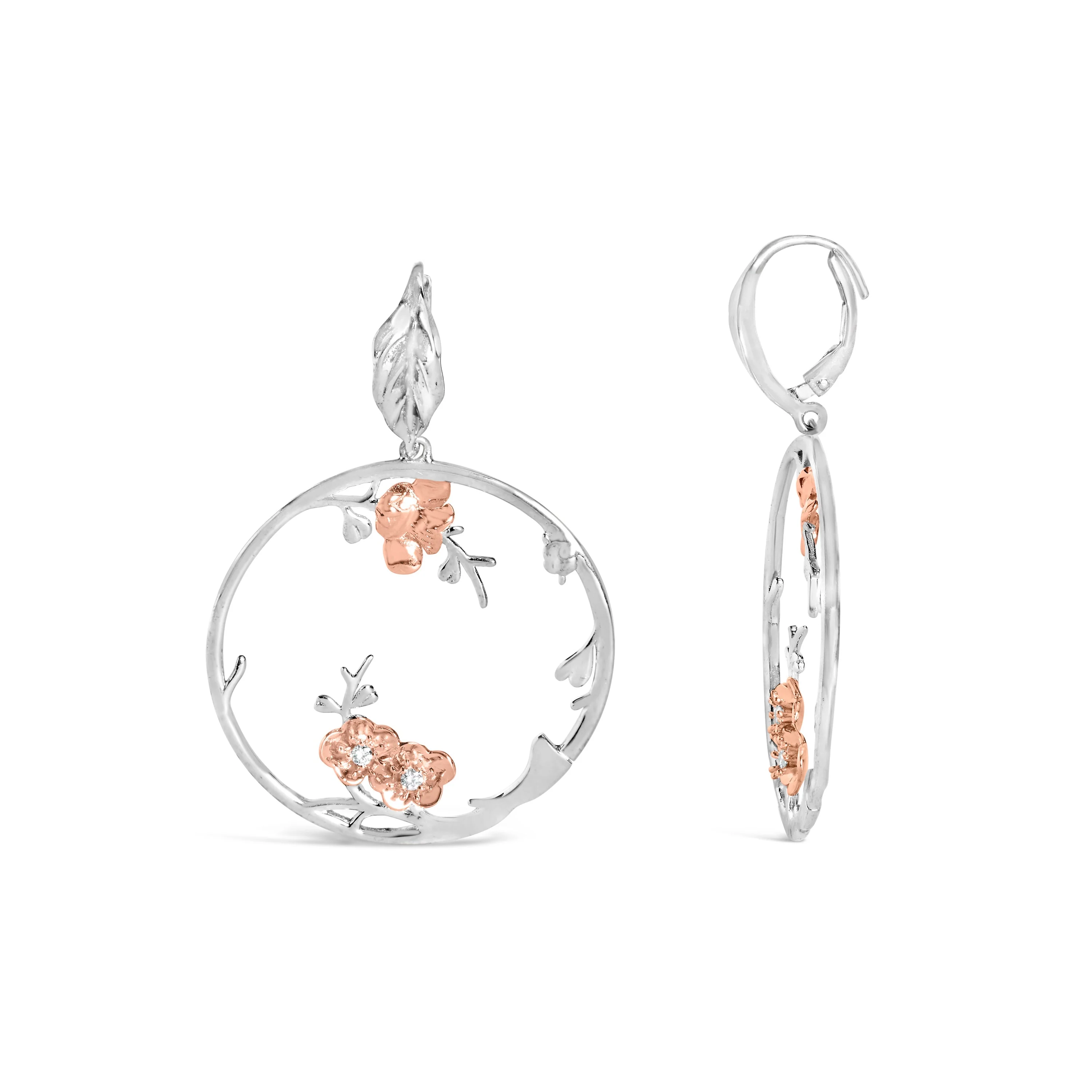 Rose Gold Plated .925 Sterling Silver 1/10 Cttw Diamond Floral Hoop Earrings (I-J Color, SI1-SI2 Clarity) - Image 3