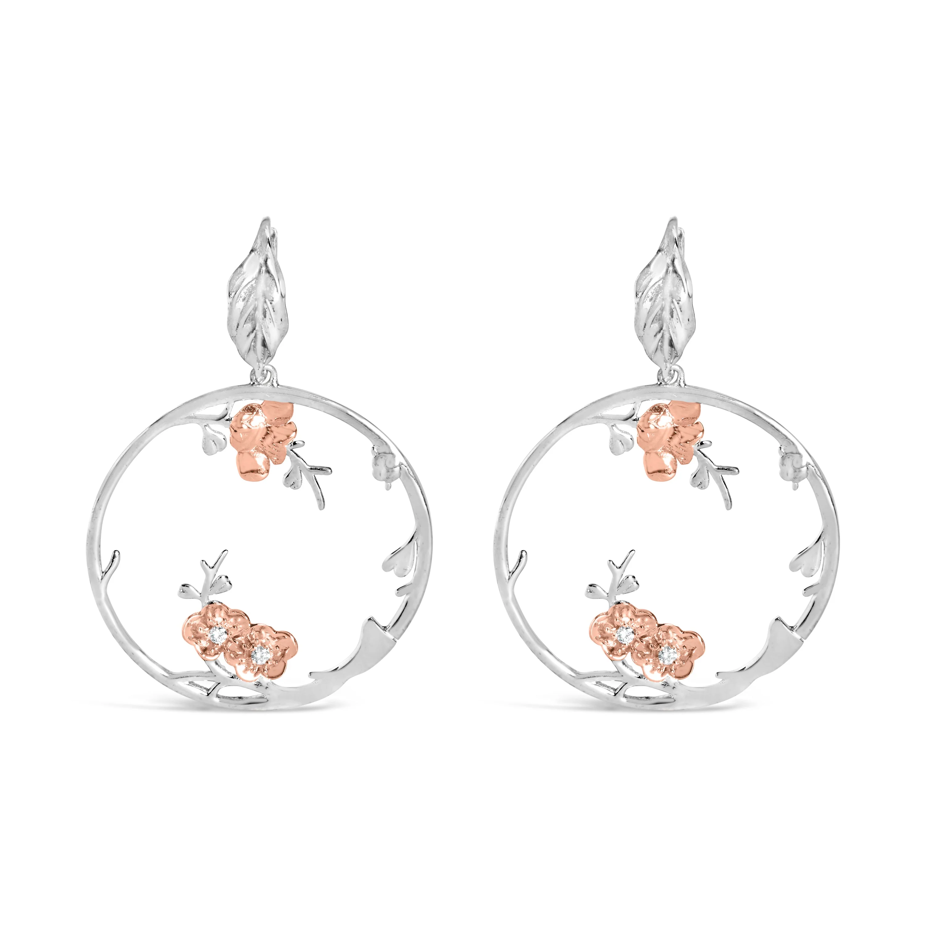 Rose Gold Plated .925 Sterling Silver 1/10 Cttw Diamond Floral Hoop Earrings (I-J Color, SI1-SI2 Clarity) - Image 4