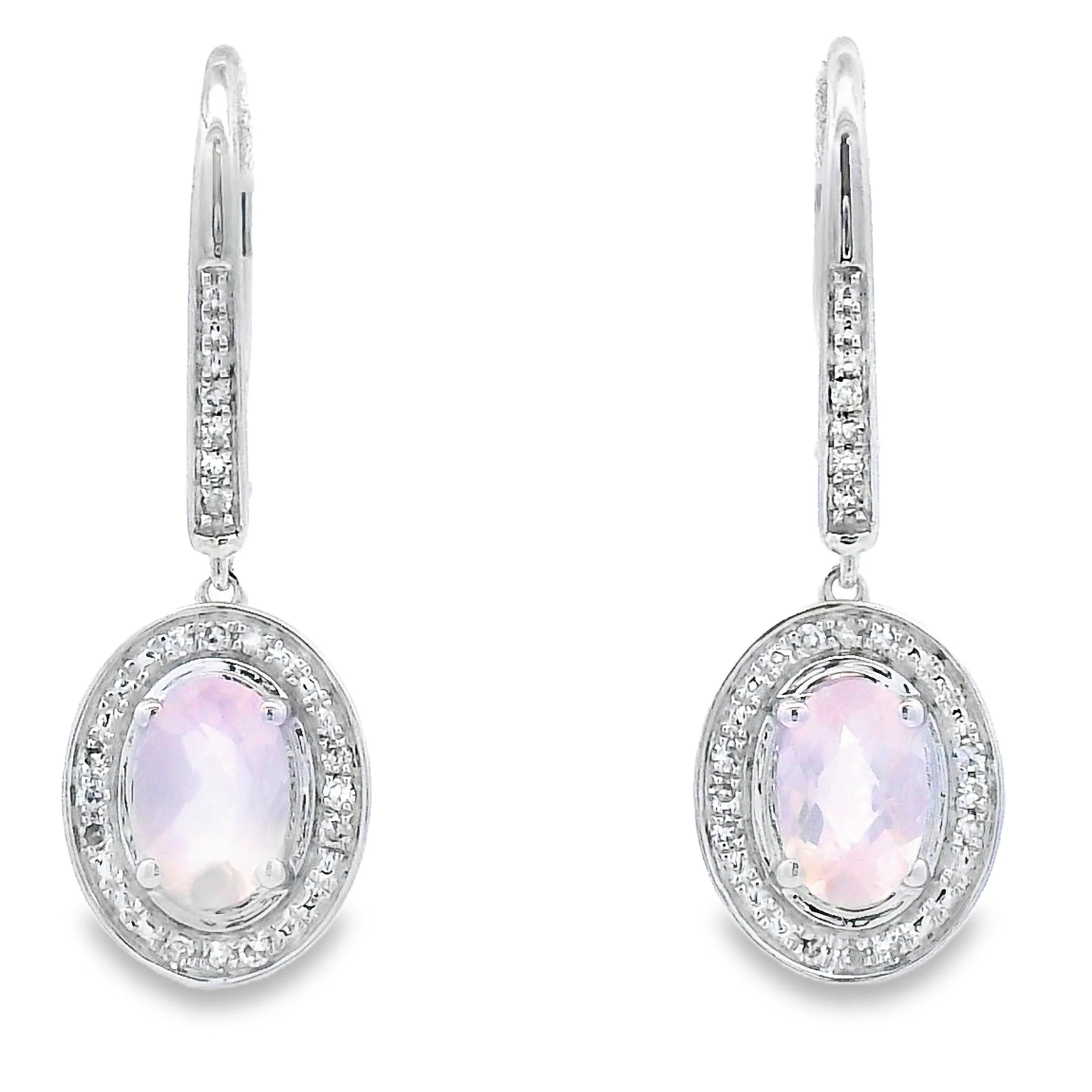 Rose Quartz Diamond Dangle Earrings 10KT White Gold