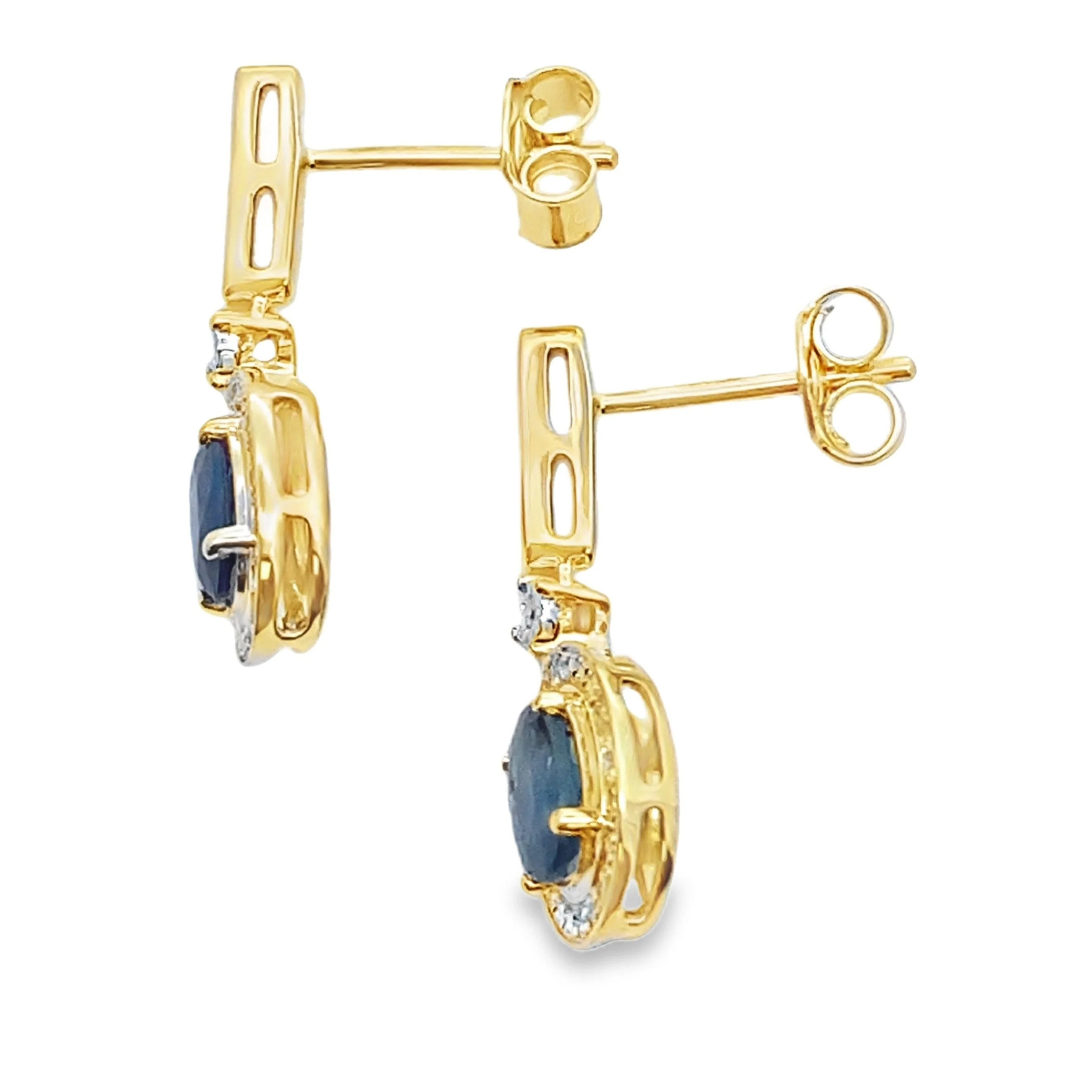 Sapphire Diamond Dangle Earrings 10KT Yellow Gold - Image 2