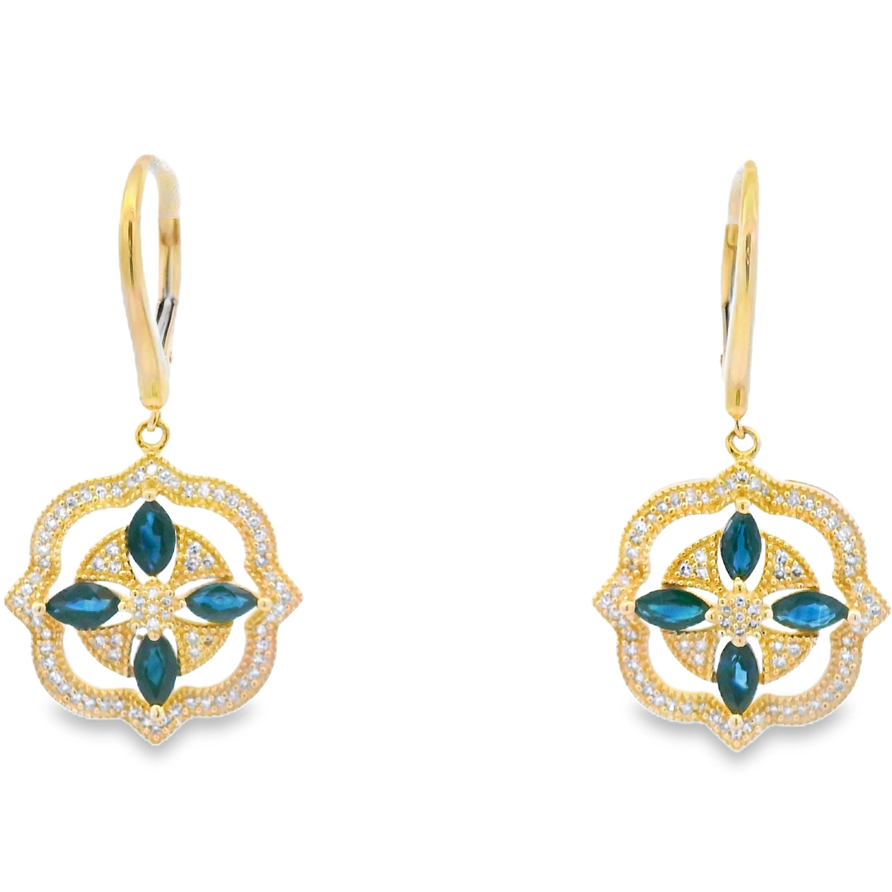 Sapphire Diamond Dangle Earrings 14KT Yellow Gold