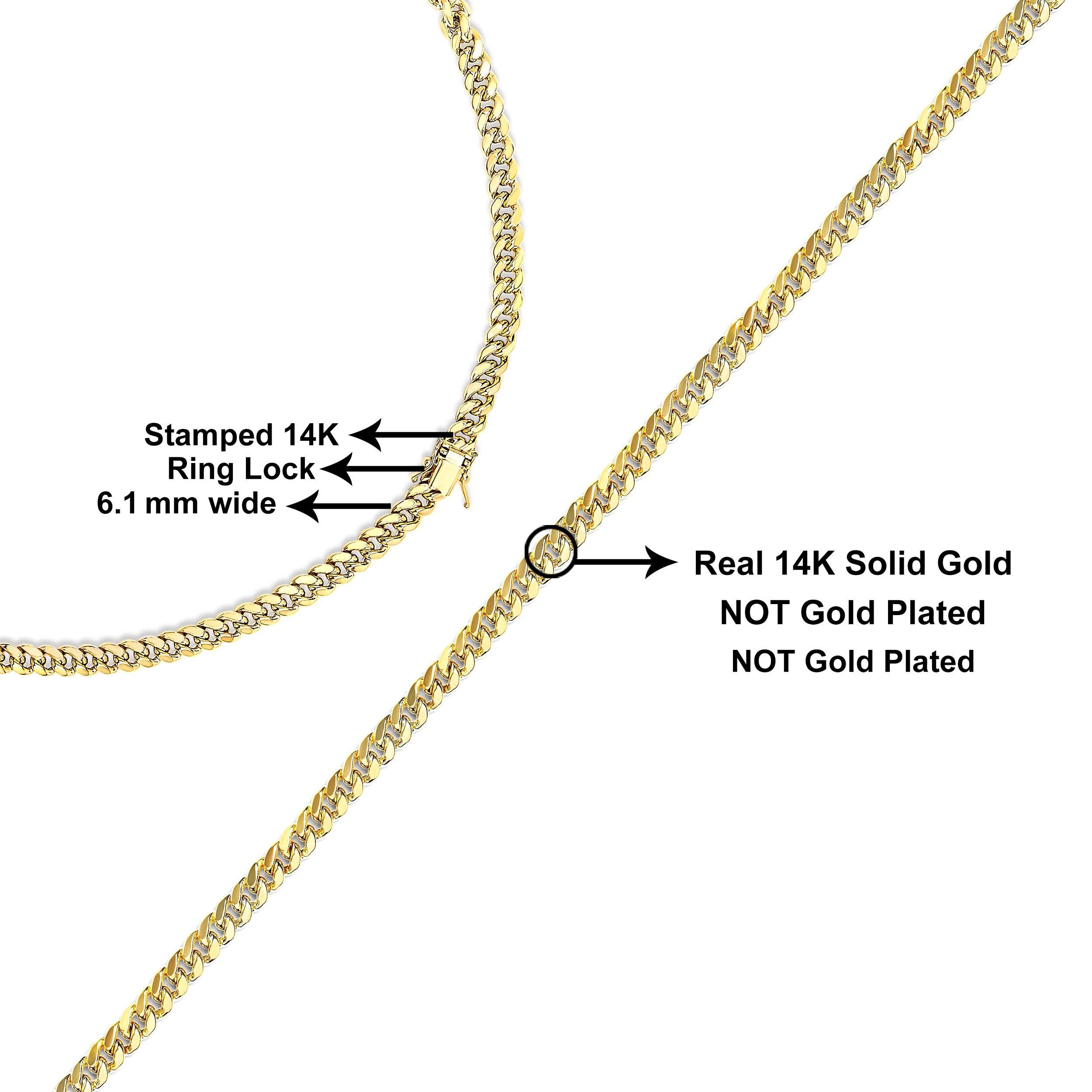 Semi-Solid 14K Yellow Gold 6.1mm Classic Miami Cuban Chain Necklace - 22 Inches - Image 4