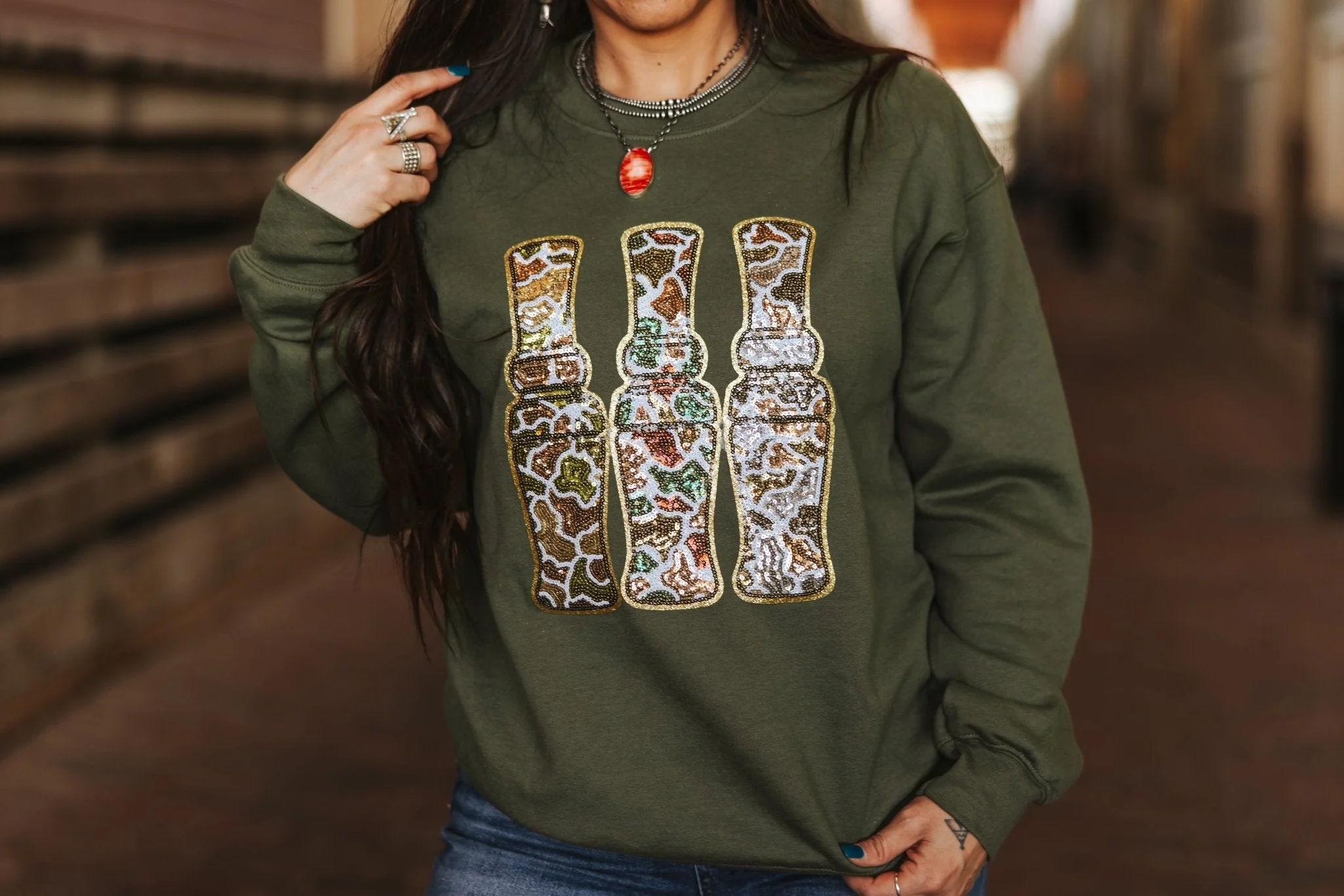 Sequin Hunting Duck Calls Patch Sweatshirt - Image 2