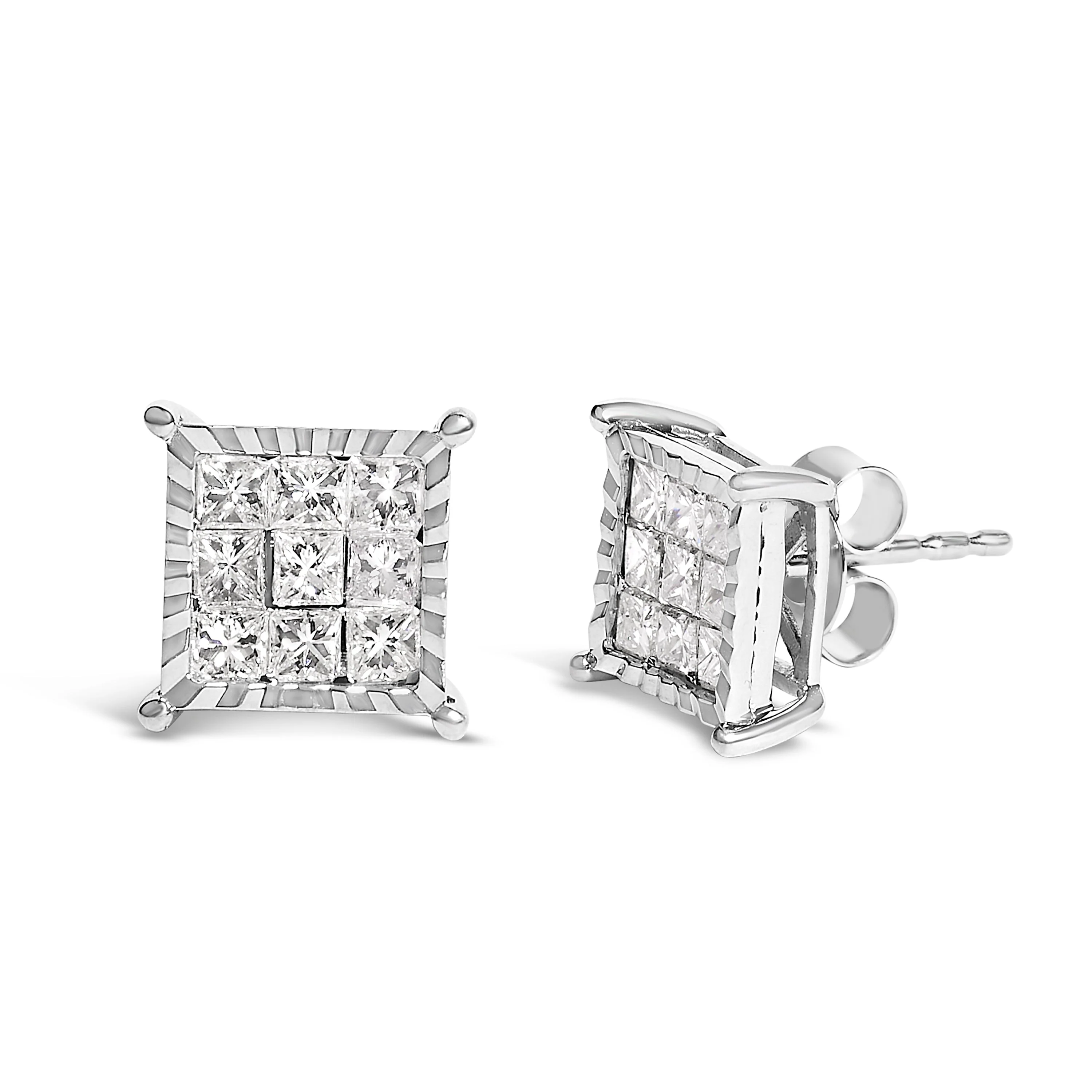 Sterling Silver 1.0 Cttw Princess Diamond Composite Square Stud Earrings - Image 2