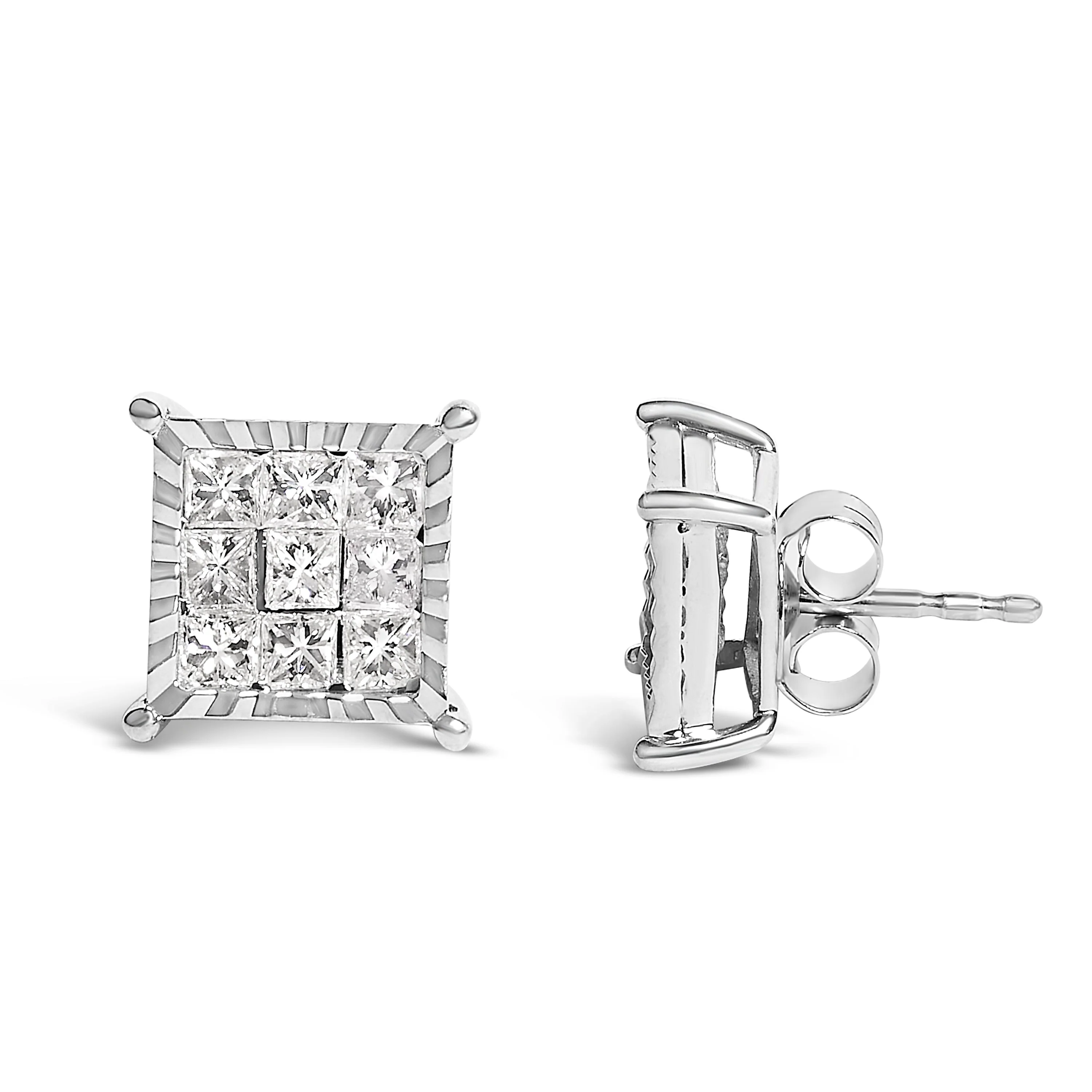 Sterling Silver 1.0 Cttw Princess Diamond Composite Square Stud Earrings - Image 3