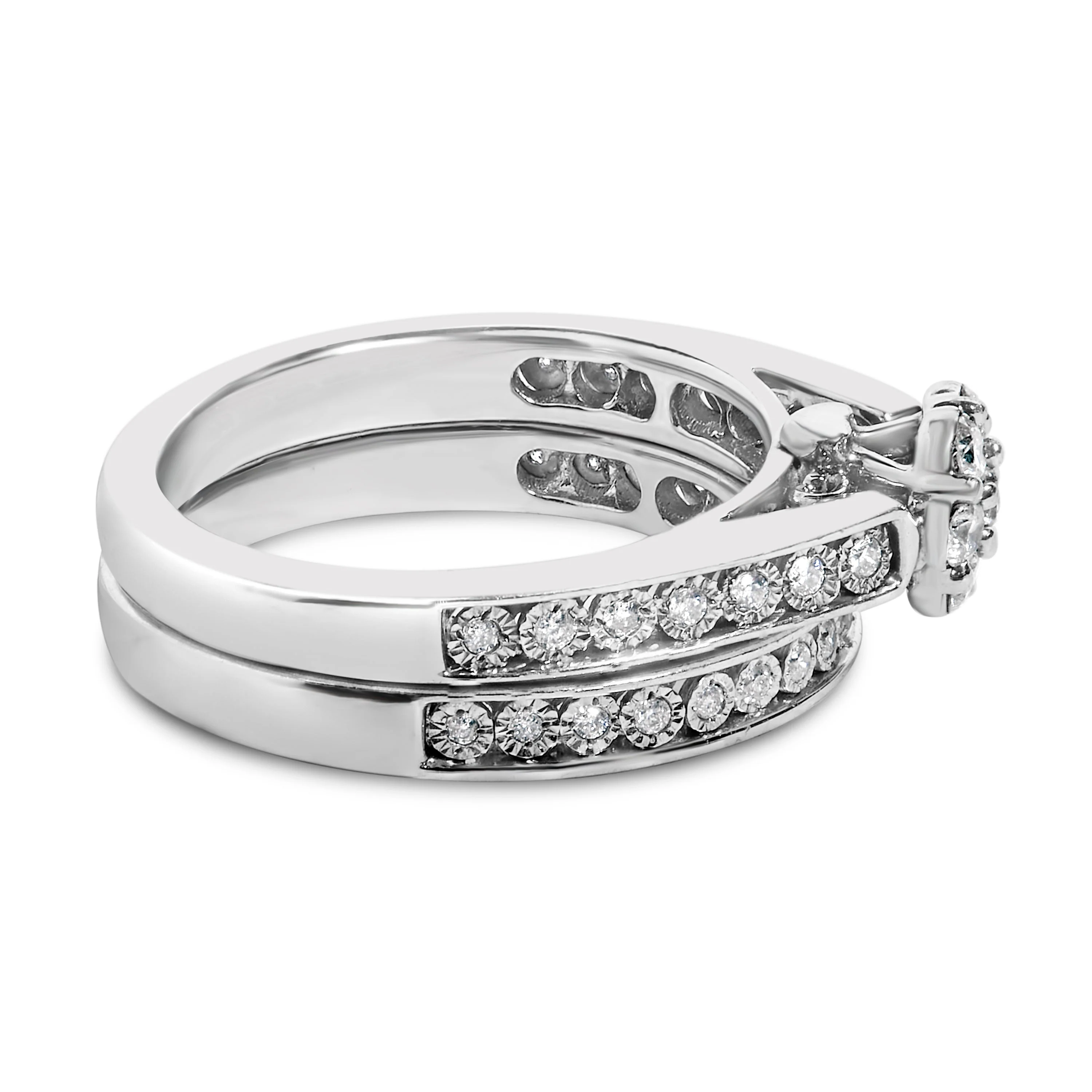 Sterling Silver 1/2 Cttw Diamond Cluster Flower Bridal Set - Image 2