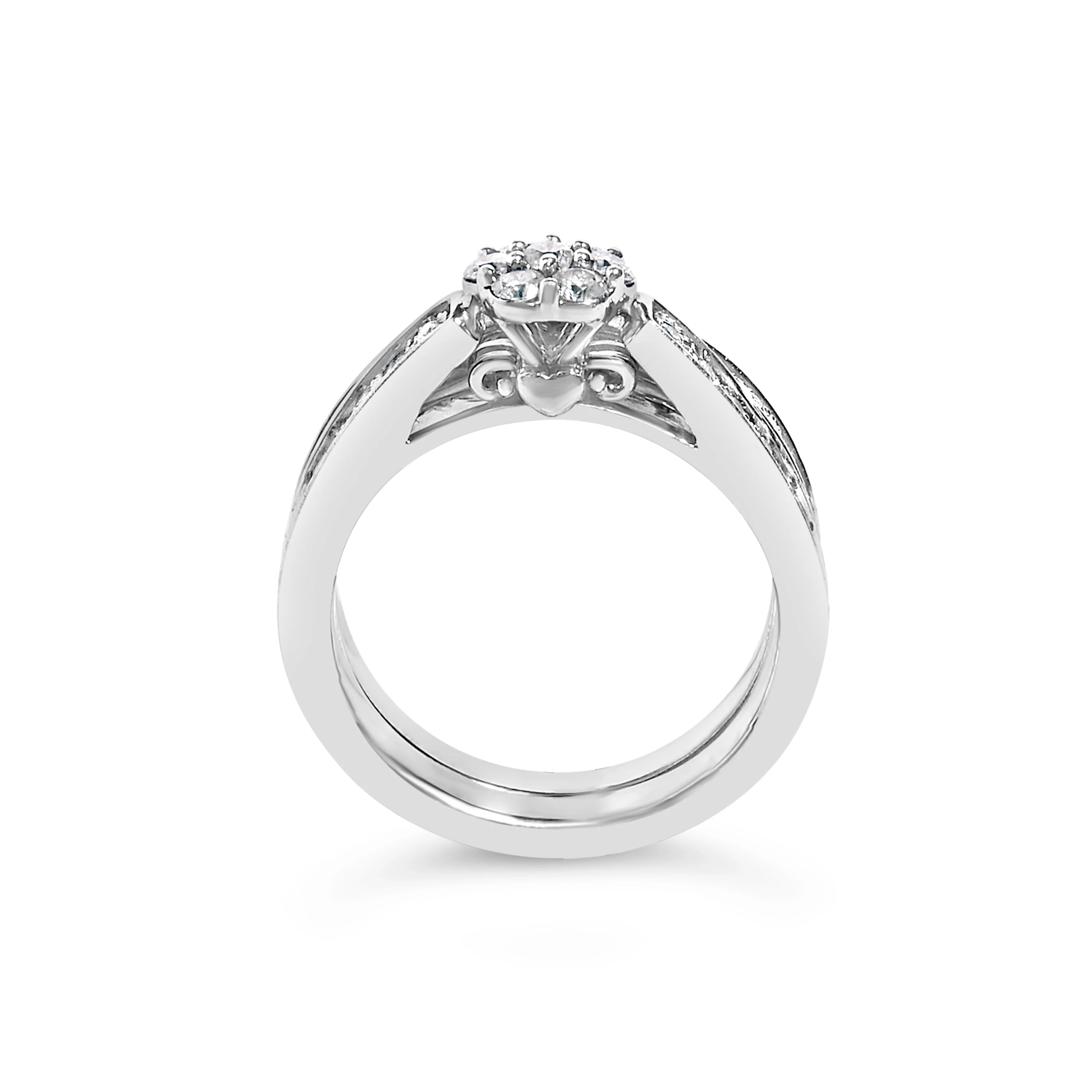 Sterling Silver 1/2 Cttw Diamond Cluster Flower Bridal Set - Image 5