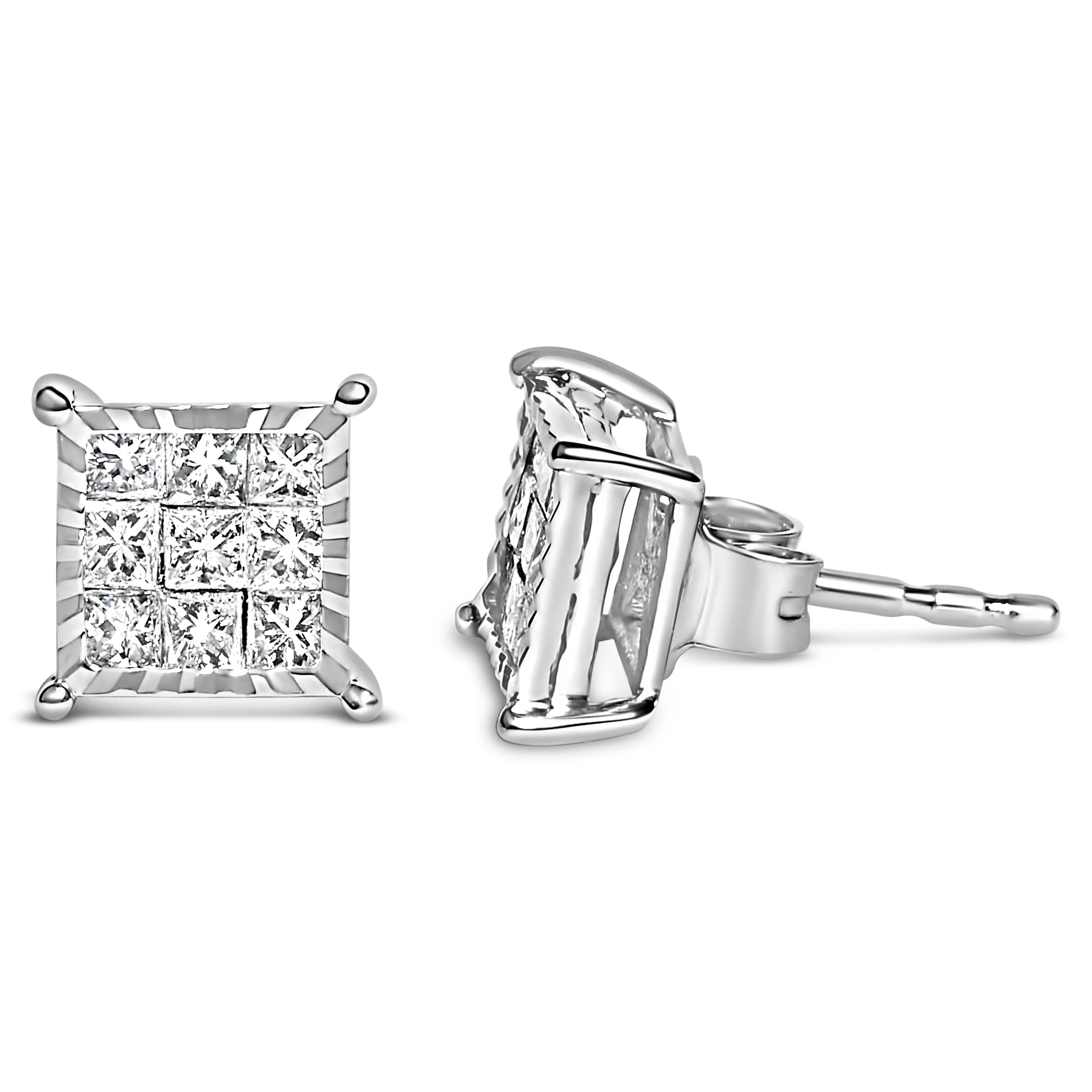 Sterling Silver 1/2 Cttw Princess Diamond Composite Square Stud Earrings - Image 3