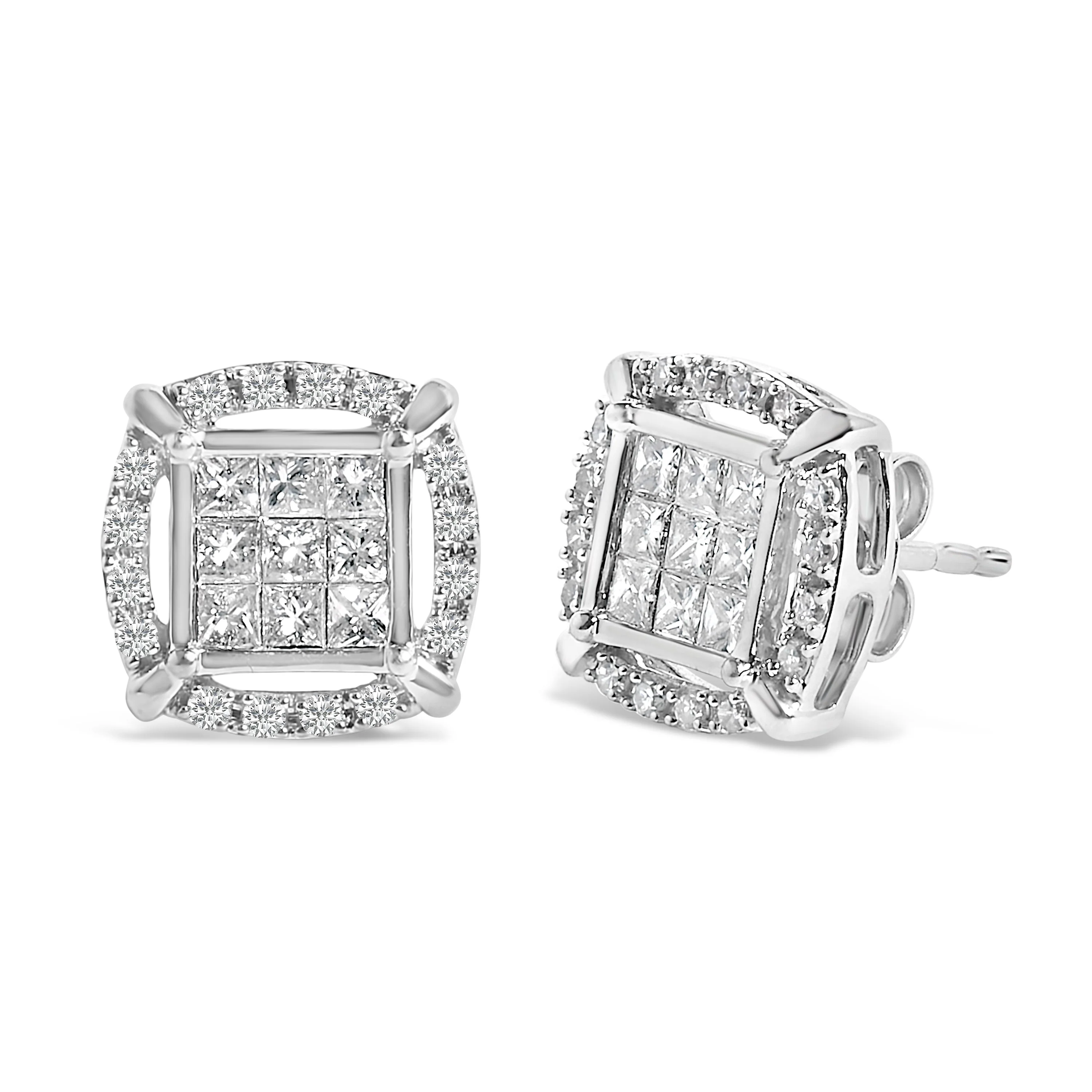 Sterling Silver 1 Cttw Princess Cut Diamond Square Halo Stud Earrings - Image 2