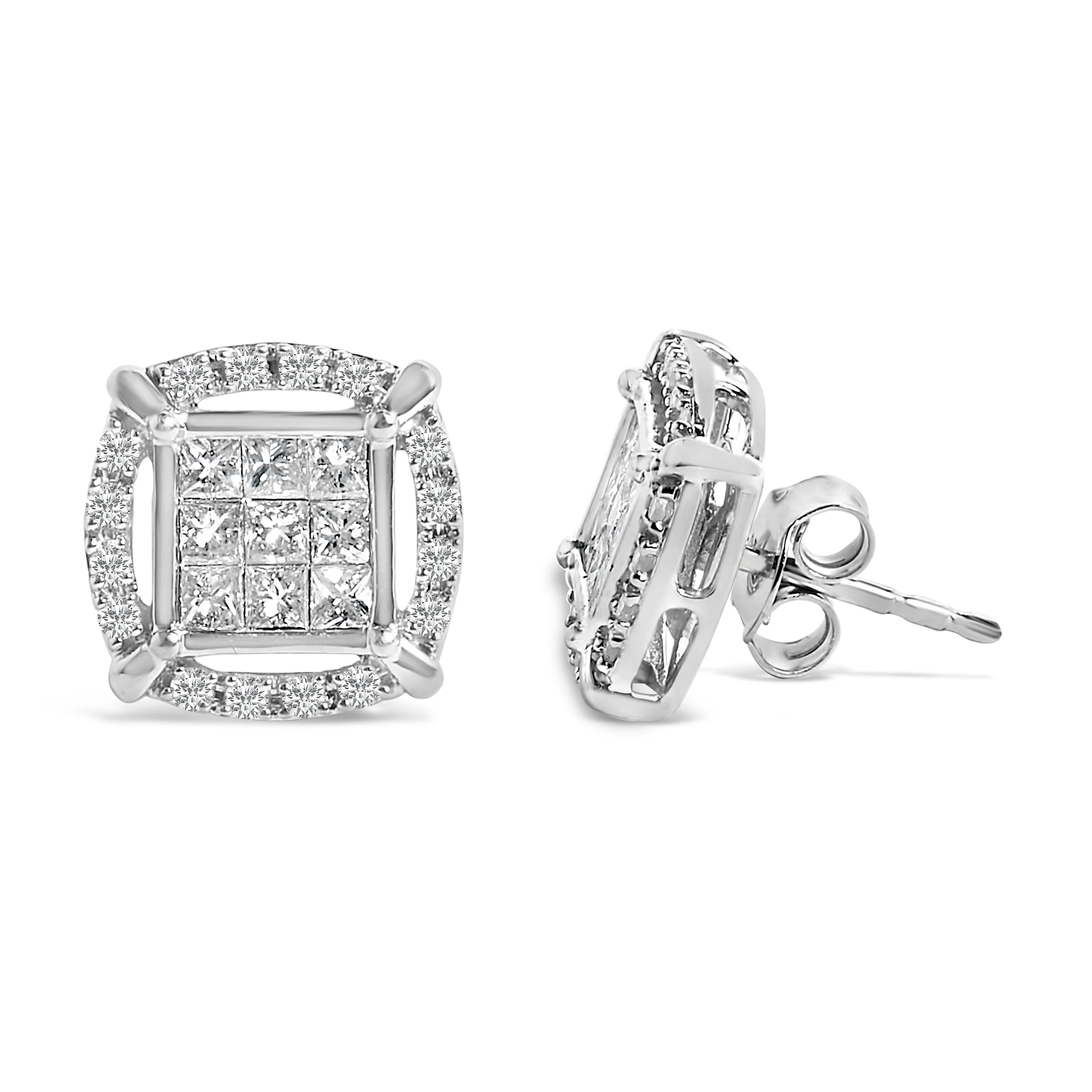 Sterling Silver 1 Cttw Princess Cut Diamond Square Halo Stud Earrings - Image 3