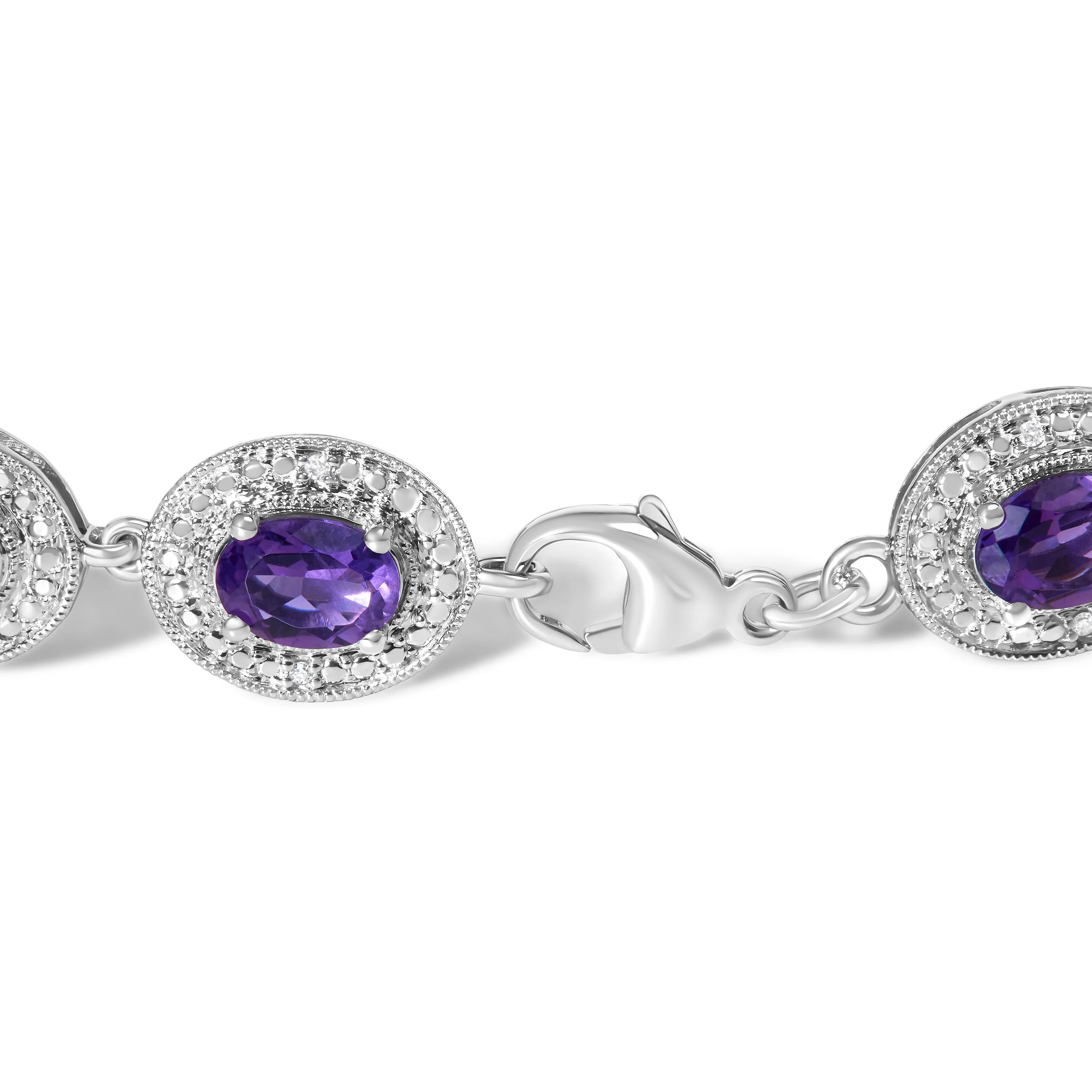 Sterling Silver 5x7 MM Oval Purple Amethyst & Diamond Halo Link Bracelet - Image 2