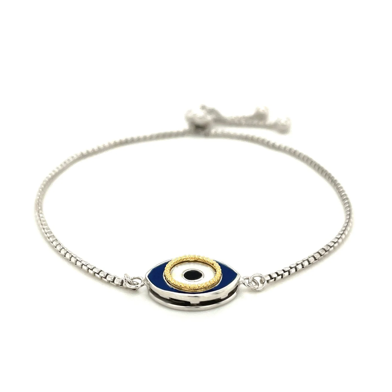Sterling Silver Adjustable Two Toned Enameled Evil Eye Friendship Bracelet - Image 6