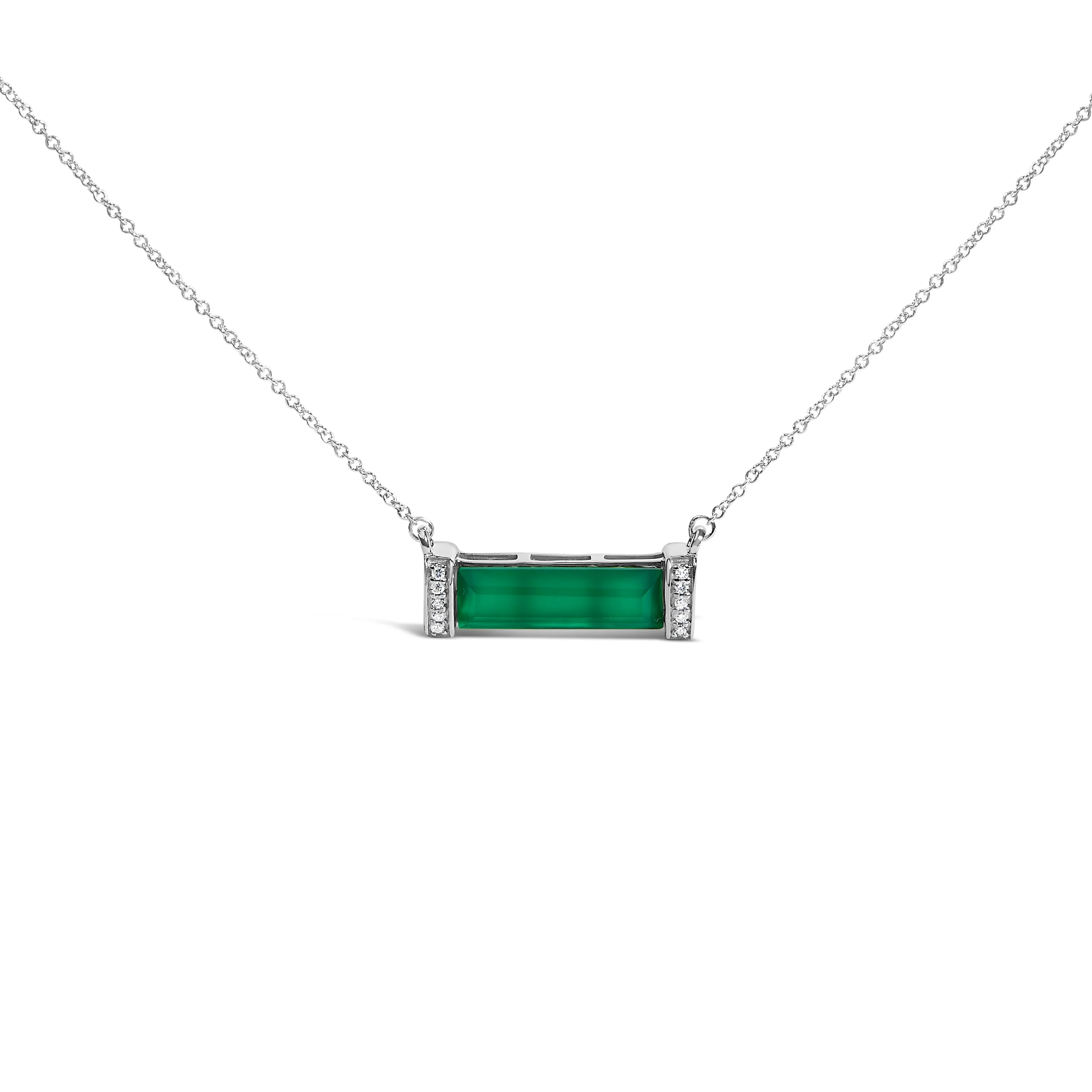 Sterling Silver Diamond Accent and Green Agate Bar Pendant Necklace