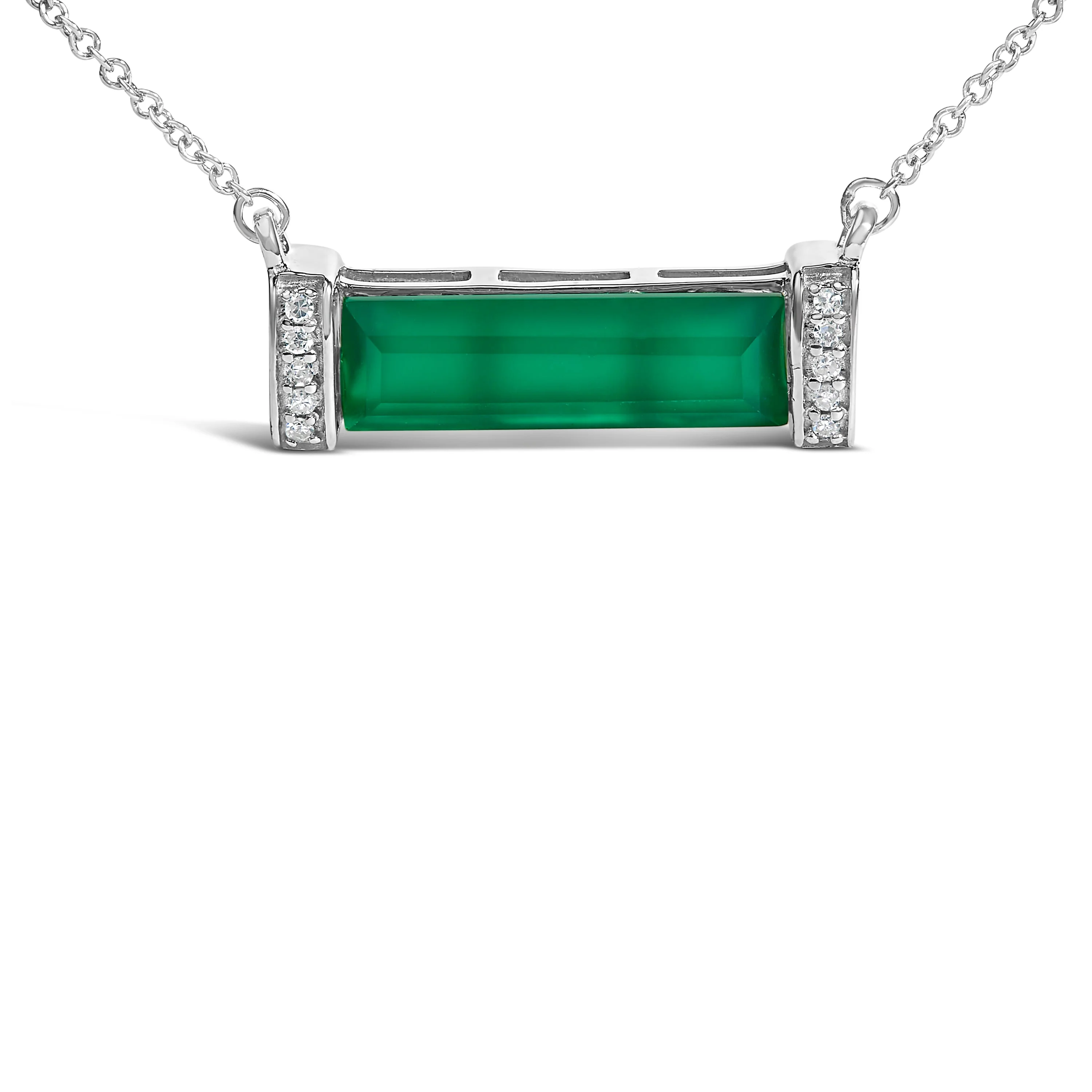 Sterling Silver Diamond Accent and Green Agate Bar Pendant Necklace - Image 2