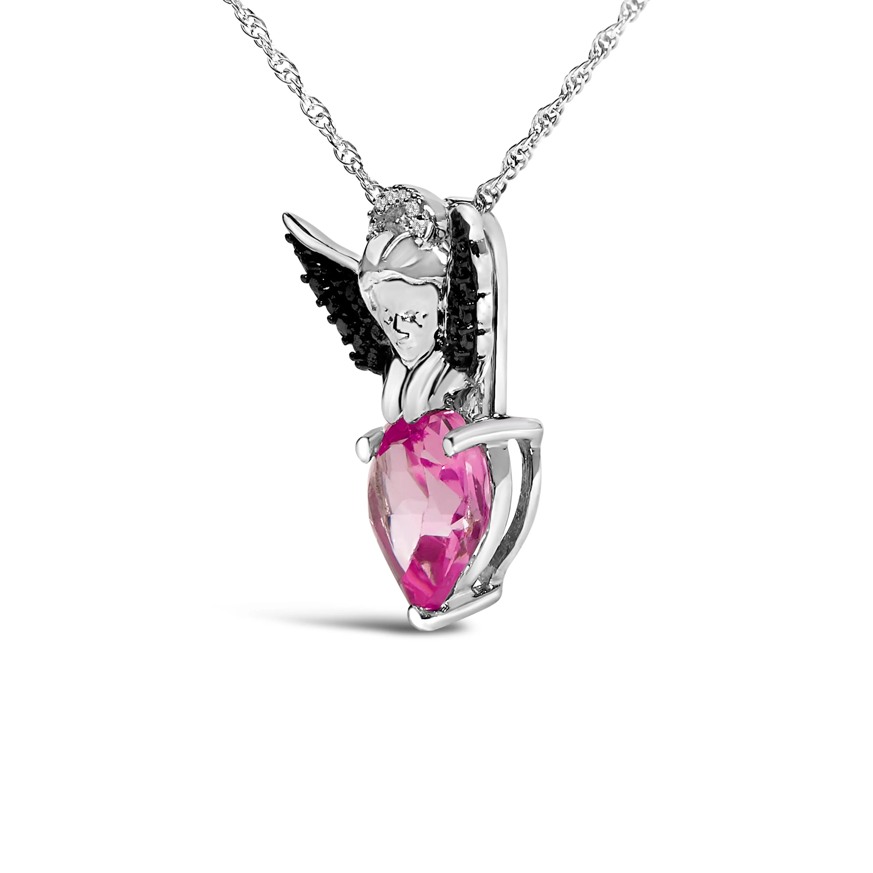 Sterling Silver Diamond Accent & Created Pink Sapphire Angel Heart Pendant Necklace - Image 3