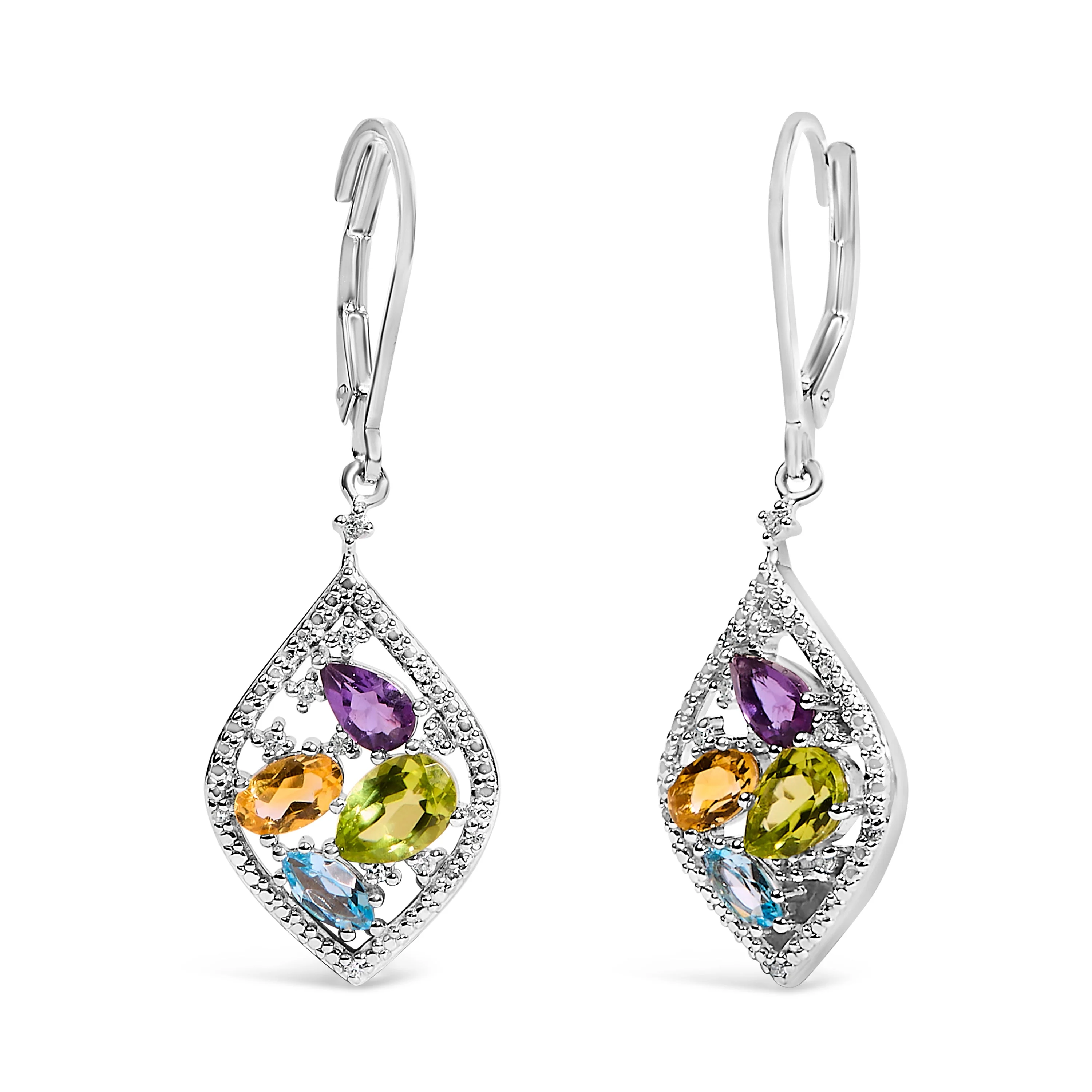 Sterling Silver Diamond Accent Multi Stone Rhombus Drop Earrings - Image 2