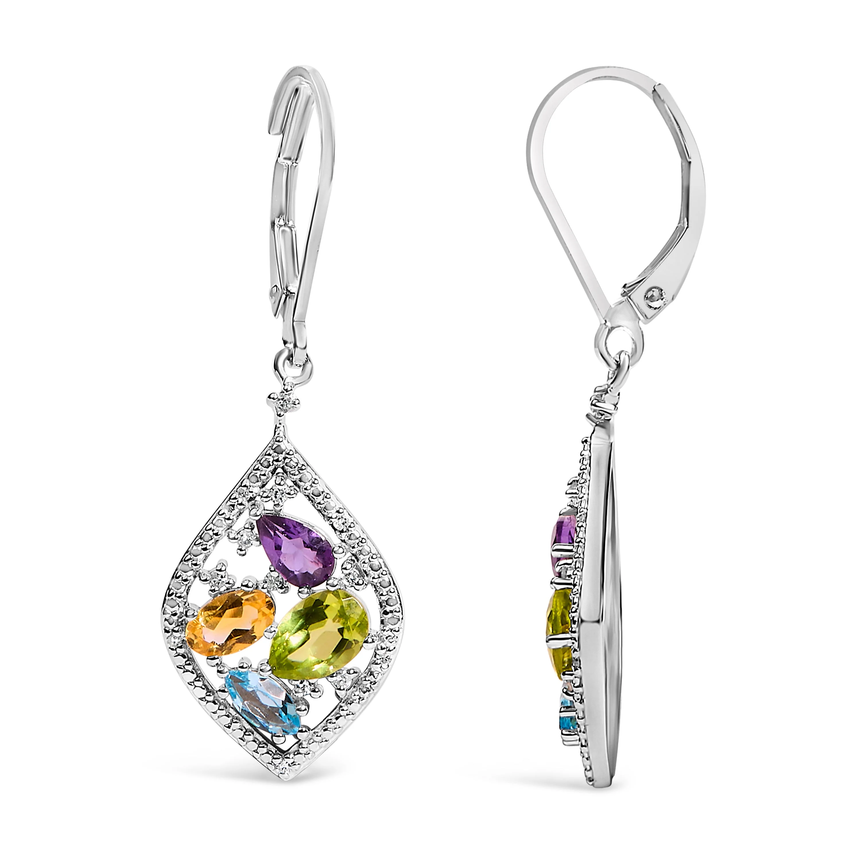Sterling Silver Diamond Accent Multi Stone Rhombus Drop Earrings - Image 3