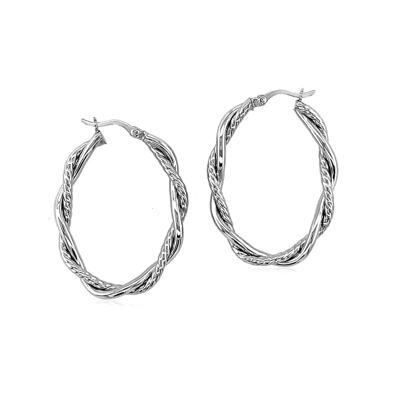 Sterling Silver Oval Hoop Braided Diamond Cut Earrings - Image 2