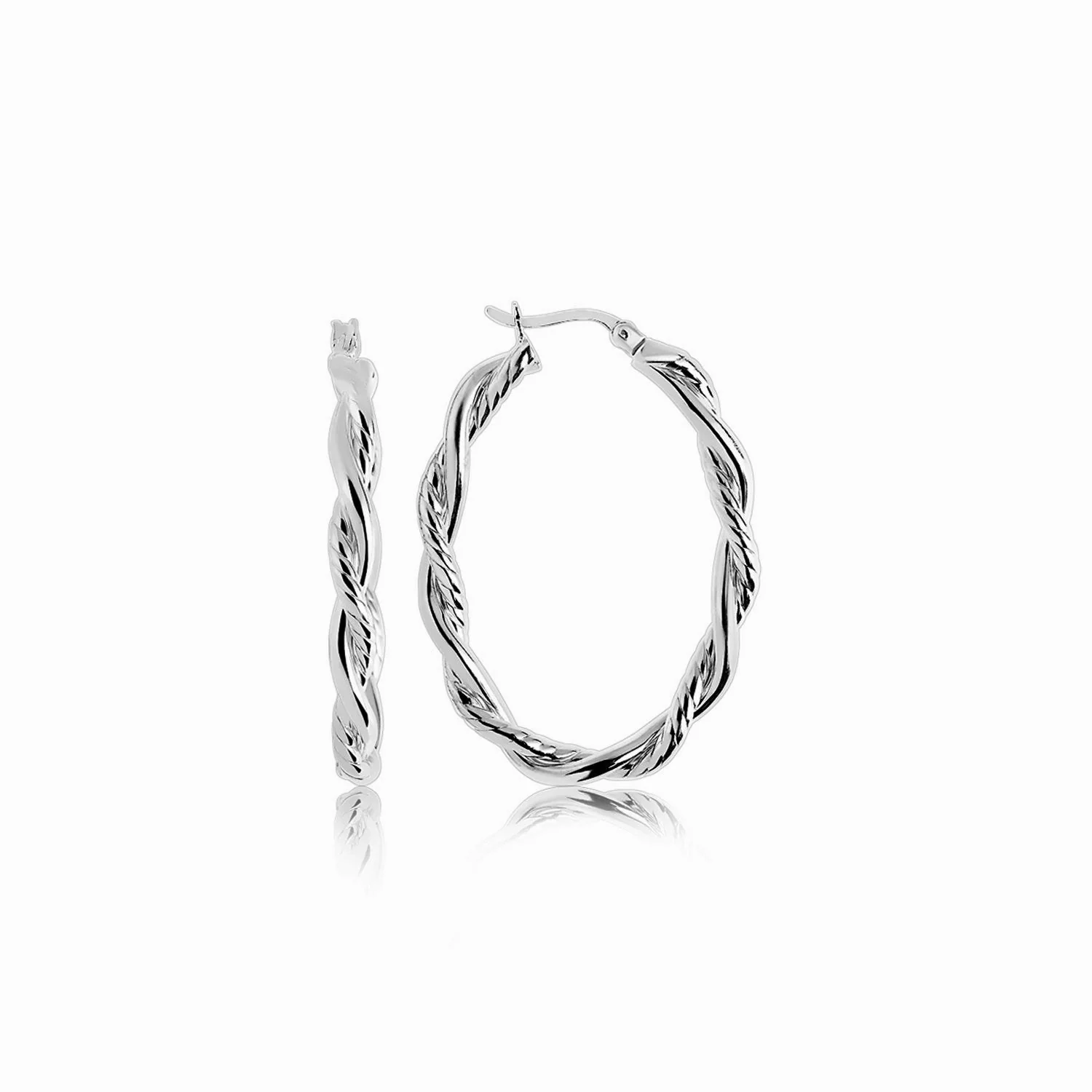 Sterling Silver Oval Hoop Braided Diamond Cut Earrings - Image 3