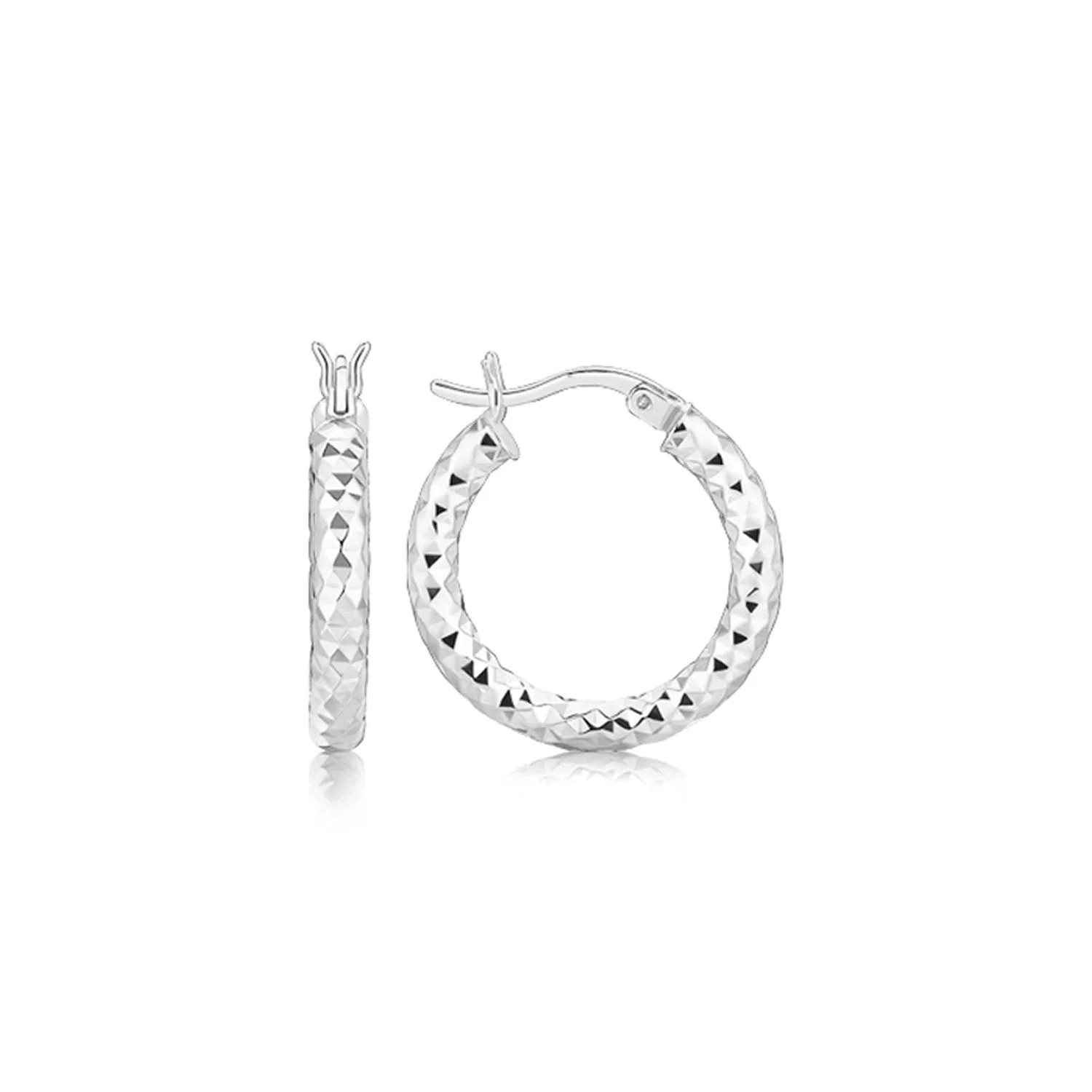 Sterling Silver Polished Rhodium Plated Faceted Hoop Style Earrings - Image 2