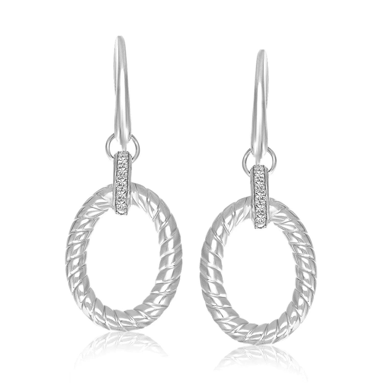 Sterling Silver Rhodium Finished Diamond Embellished Oval Rope Drop Earrings - Image 3