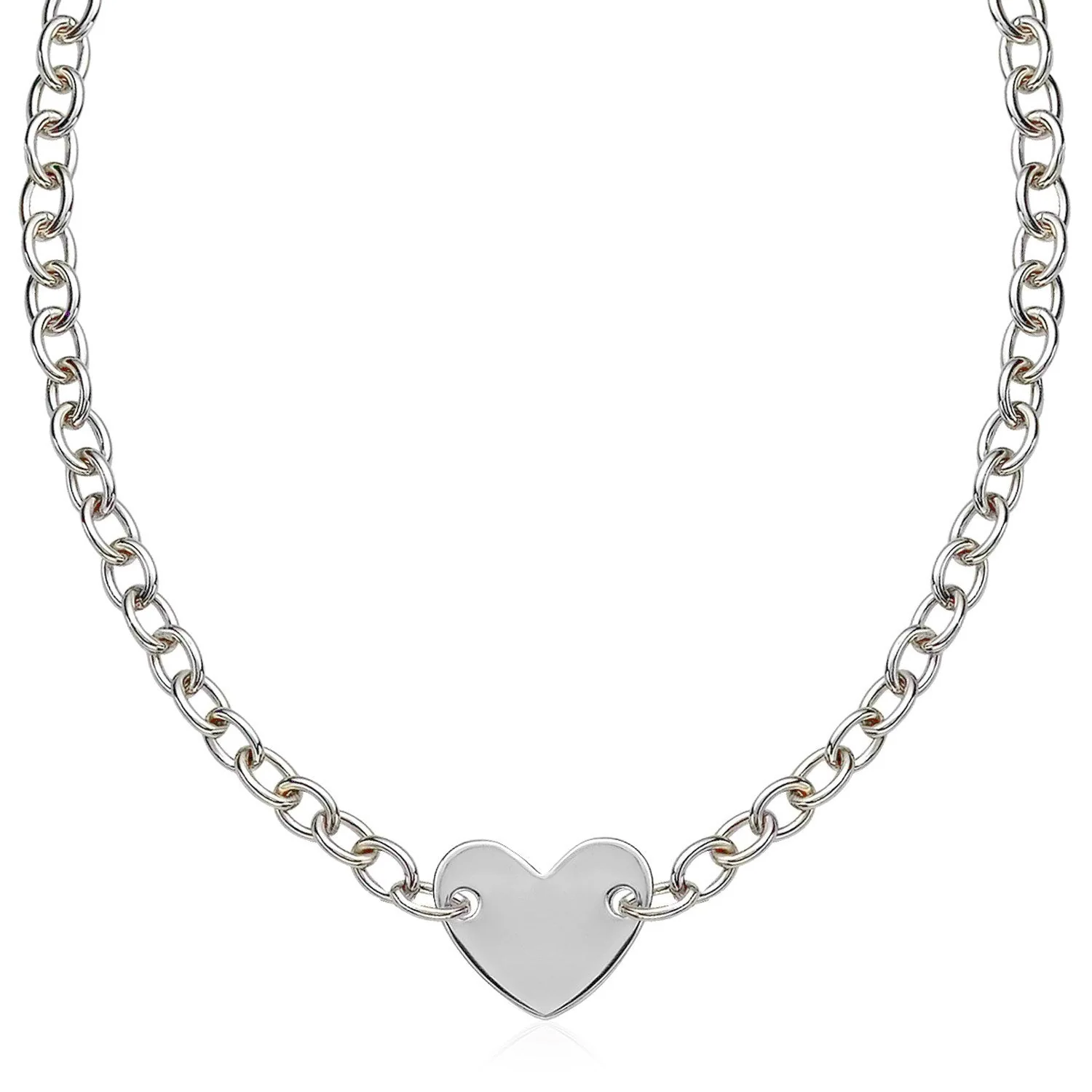 Sterling Silver Rhodium Plated Chain Bracelet with a Flat Heart Motif Station