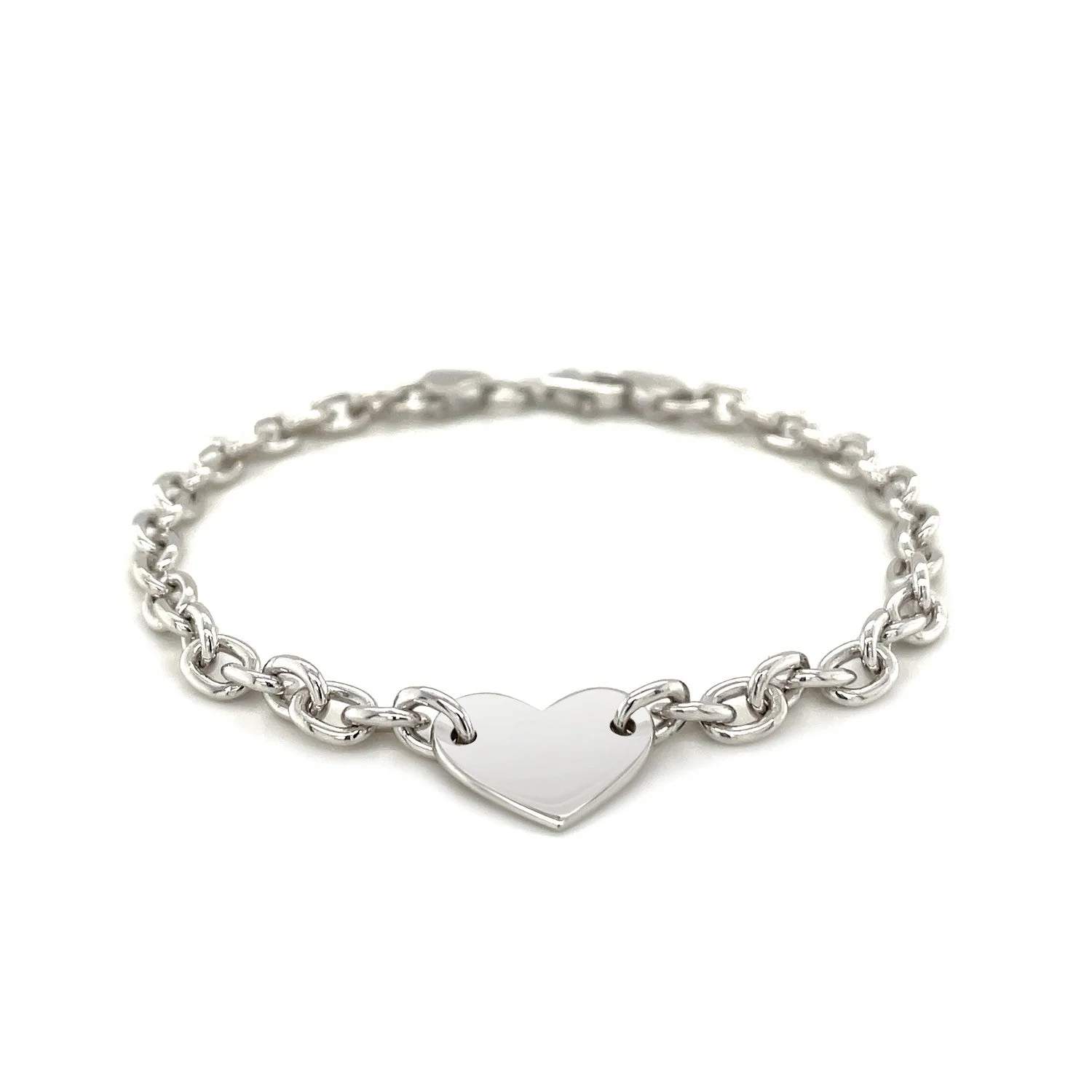 Sterling Silver Rhodium Plated Chain Bracelet with a Flat Heart Station - Image 7