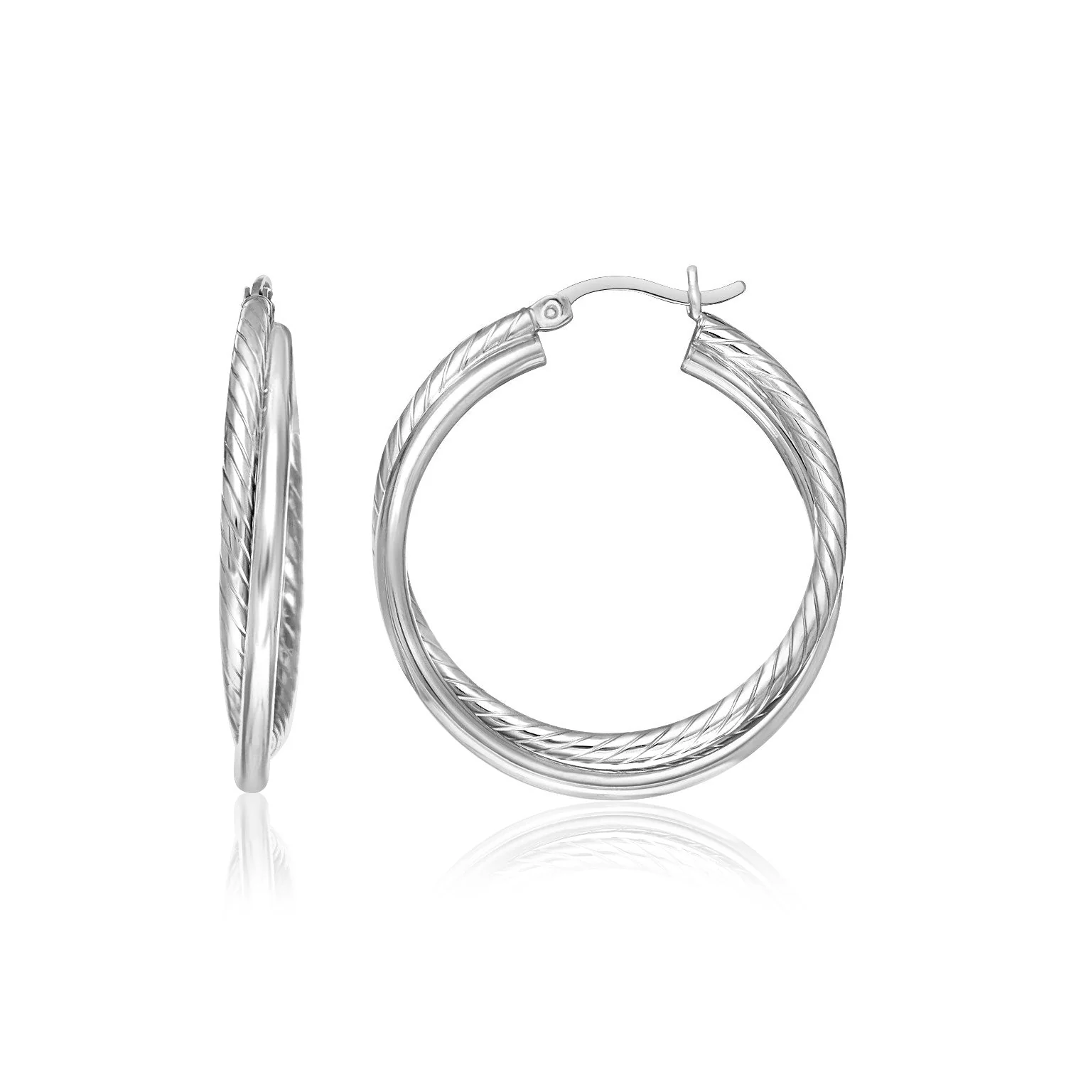 Sterling Silver Ridged Hoop Earrings with Textured Design - Image 2