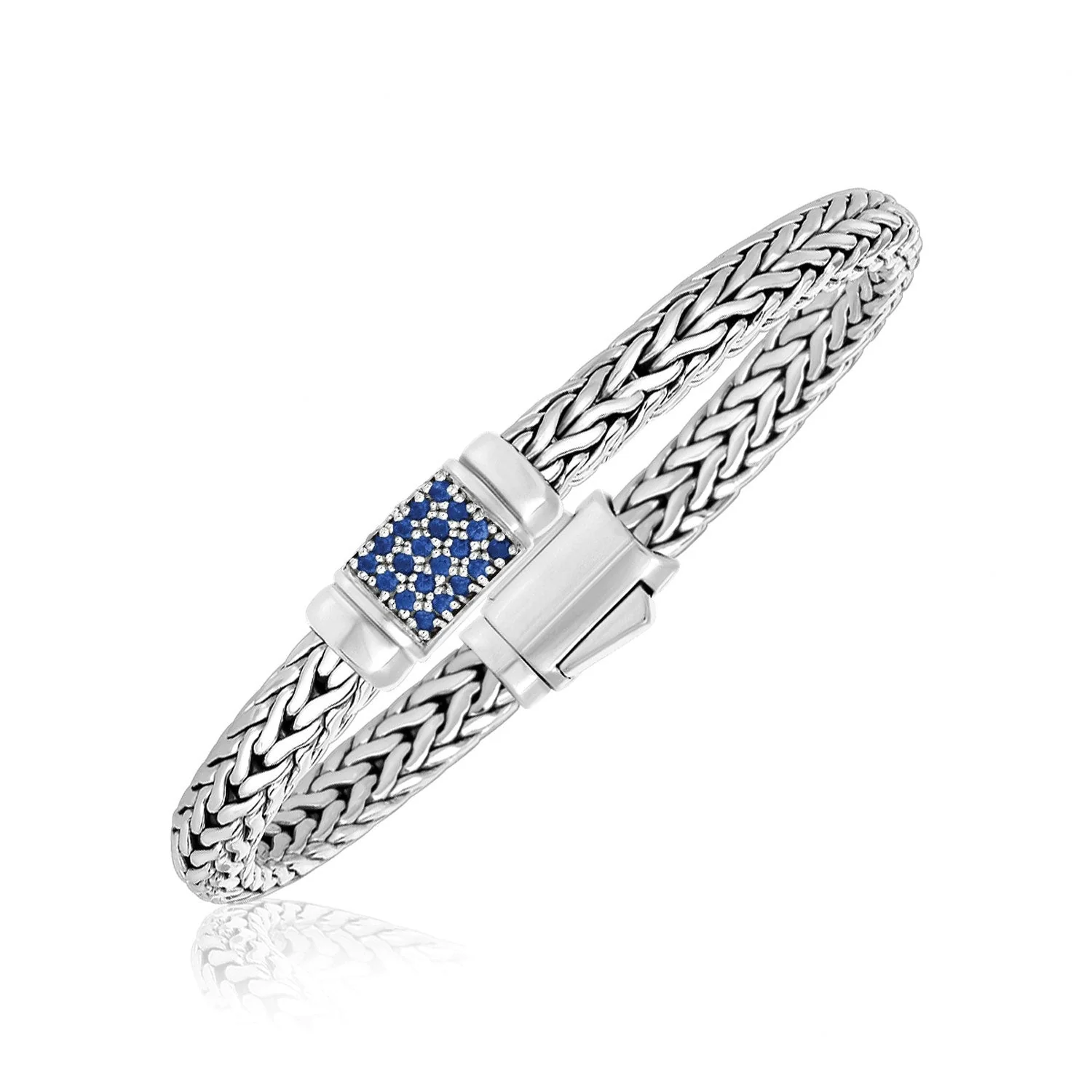 Sterling Silver Weave Motif Bracelet with Blue Sapphire Embellishments - Image 2