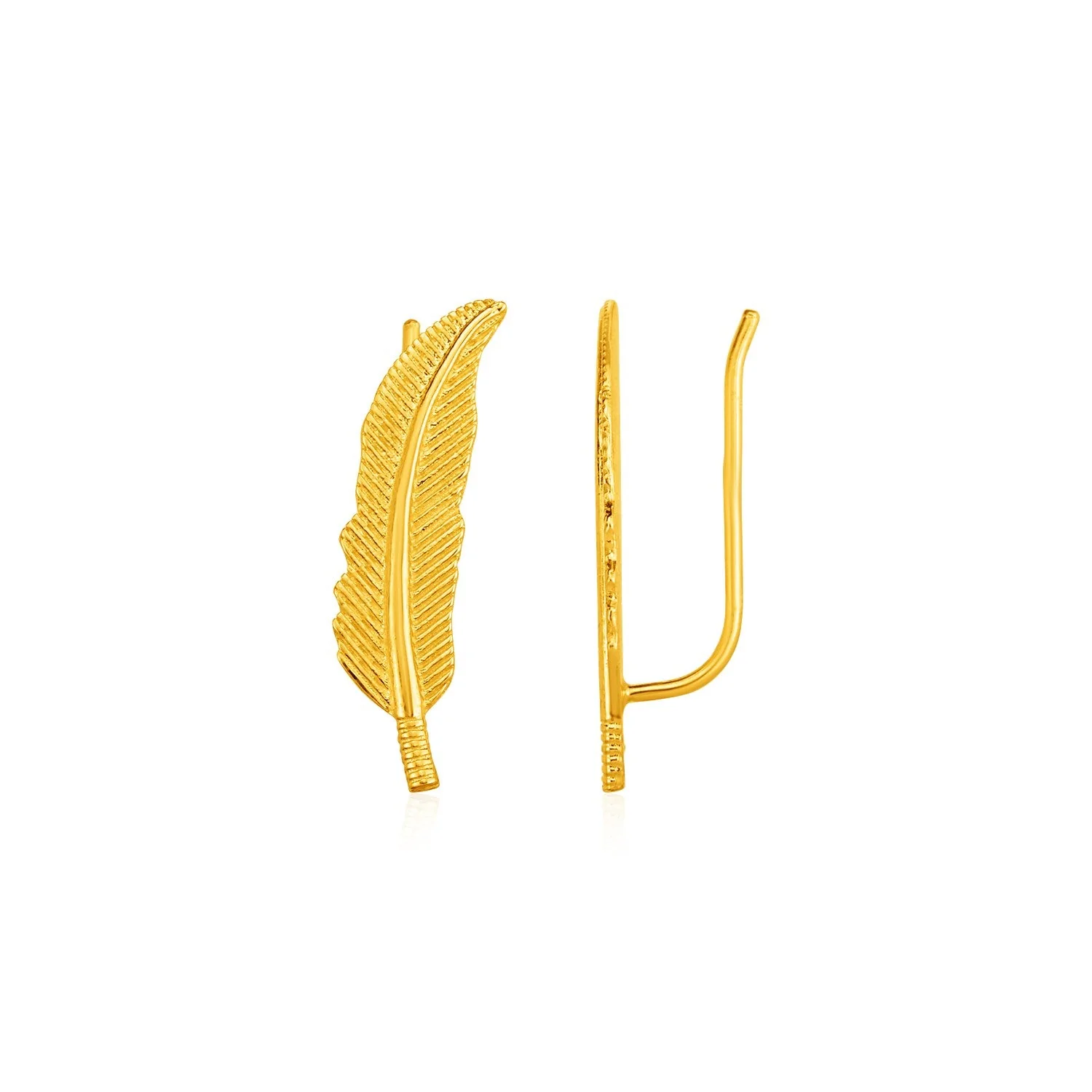 Textured Feather Climber Earrings in 14k Yellow Gold - Image 2