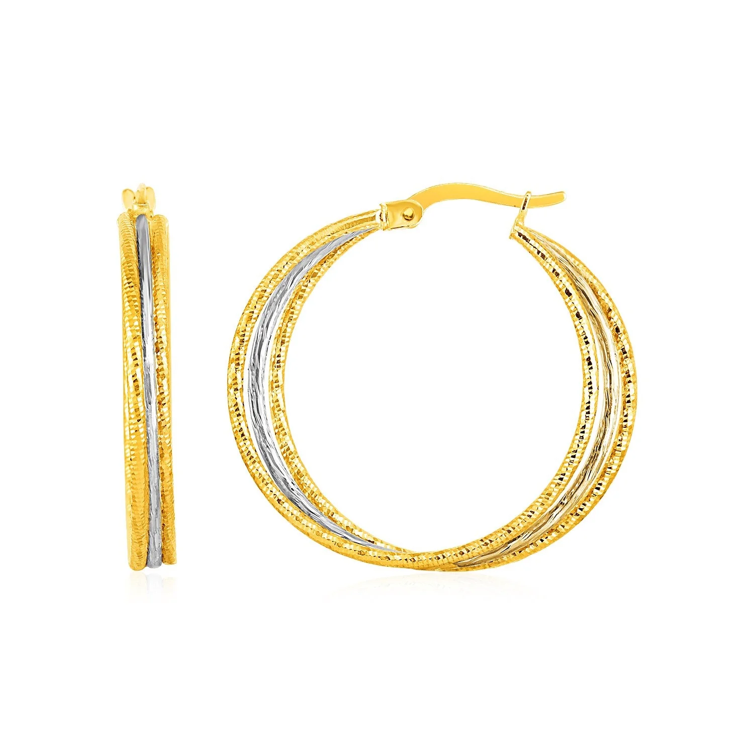 Three Part Textured Hoop Earrings in 14k Yellow and White Gold - Image 2