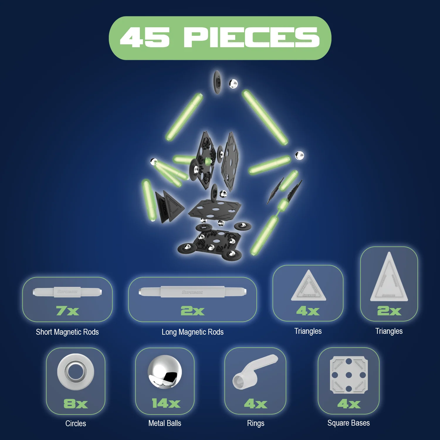 Tinamiri Supermag - Glow 45 - Magnetic Building Set, Educational construction fun, 45 piece set, Magnet Toys, 0666 - Image 5